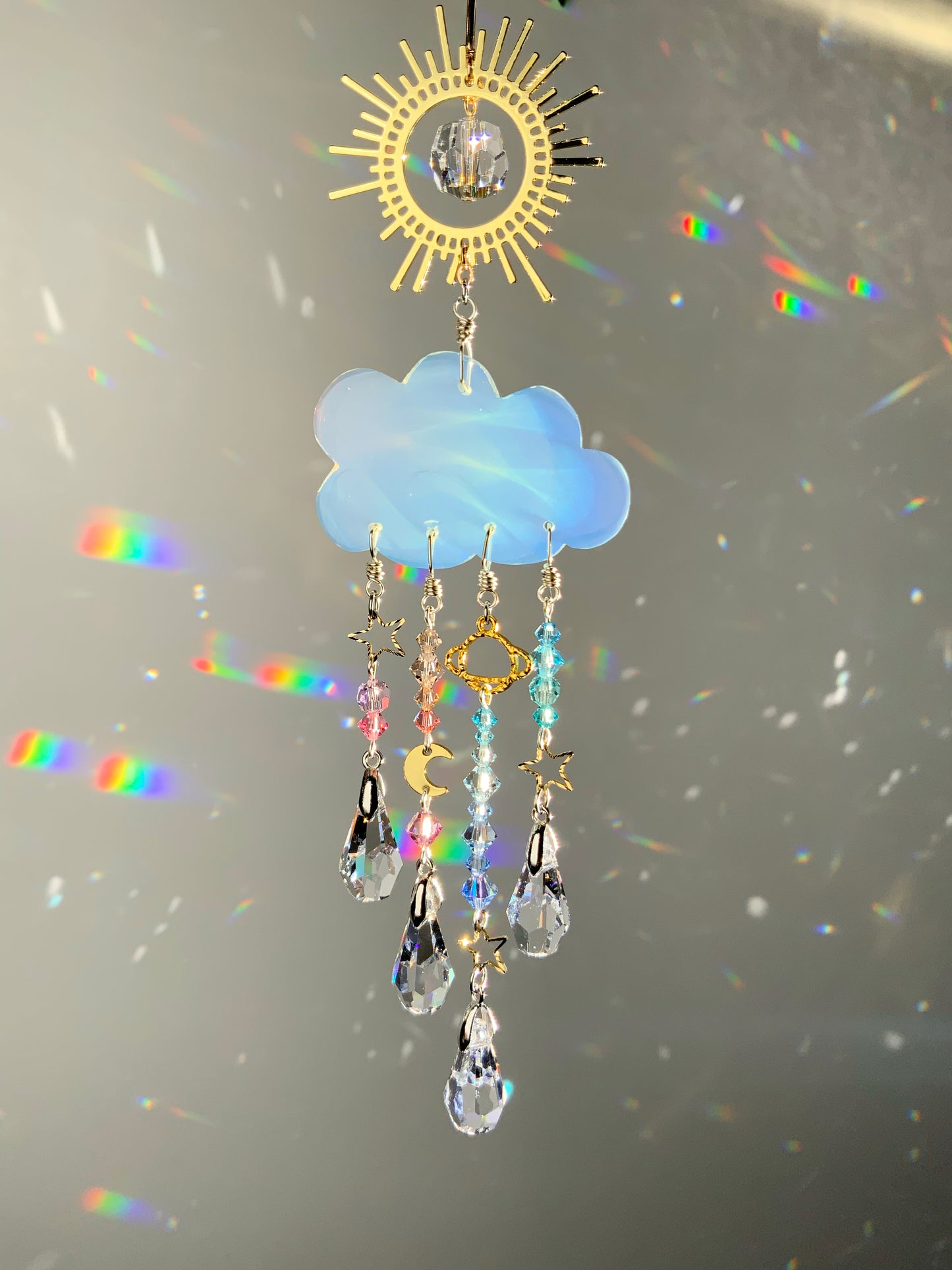 Hand-carved Opalite Rain Cloud Car Charm Suncatcher ~ 18k Gold-Plated, Stainless Steel, ombré Rainbow Crystal prisms