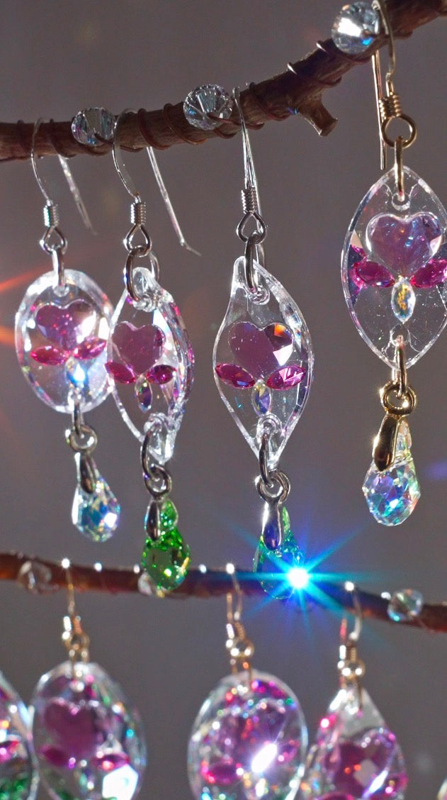 Prism Jewel Earrings~ XSmall Curvy Bleeding Heart Flower, made with rare/discontinued crystals— Choose Your Metal