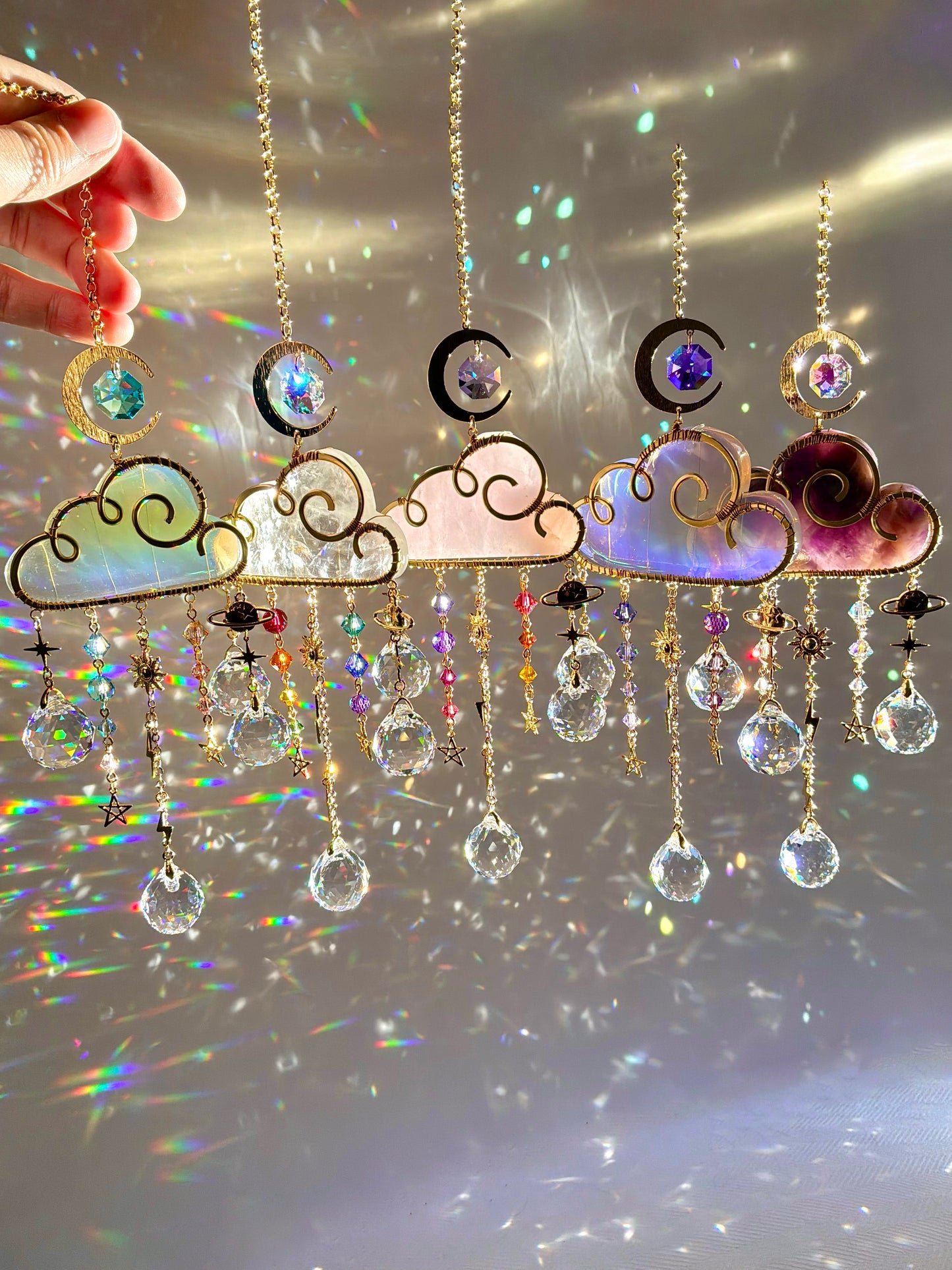 Large Gemstone Rain Cloud Suncatchers ~ 18k Gold-Plated or Stainless Steel, Clear/ Rose Quartz, Purple Opalite, Amethyst with Crystal Prisms
