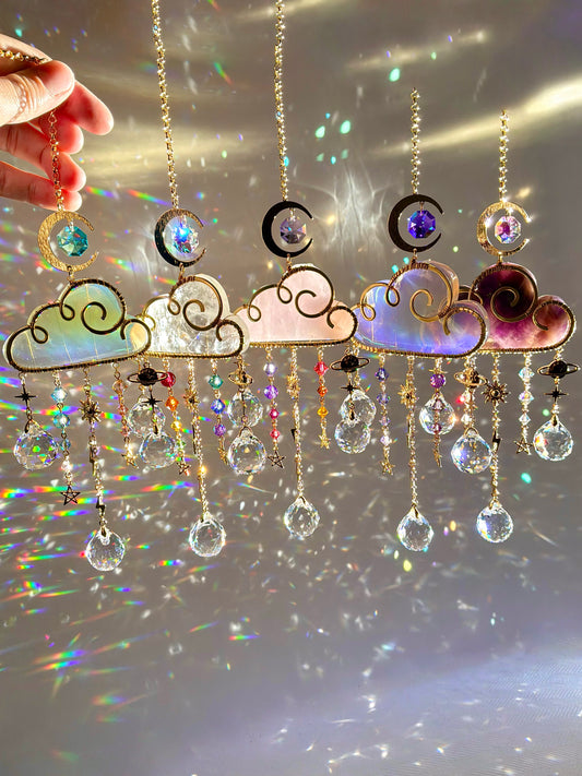 Large Gemstone Rain Cloud Suncatchers ~ 18k Gold-Plated or Stainless Steel, Clear/ Rose Quartz, Purple Opalite, Amethyst with Crystal Prisms