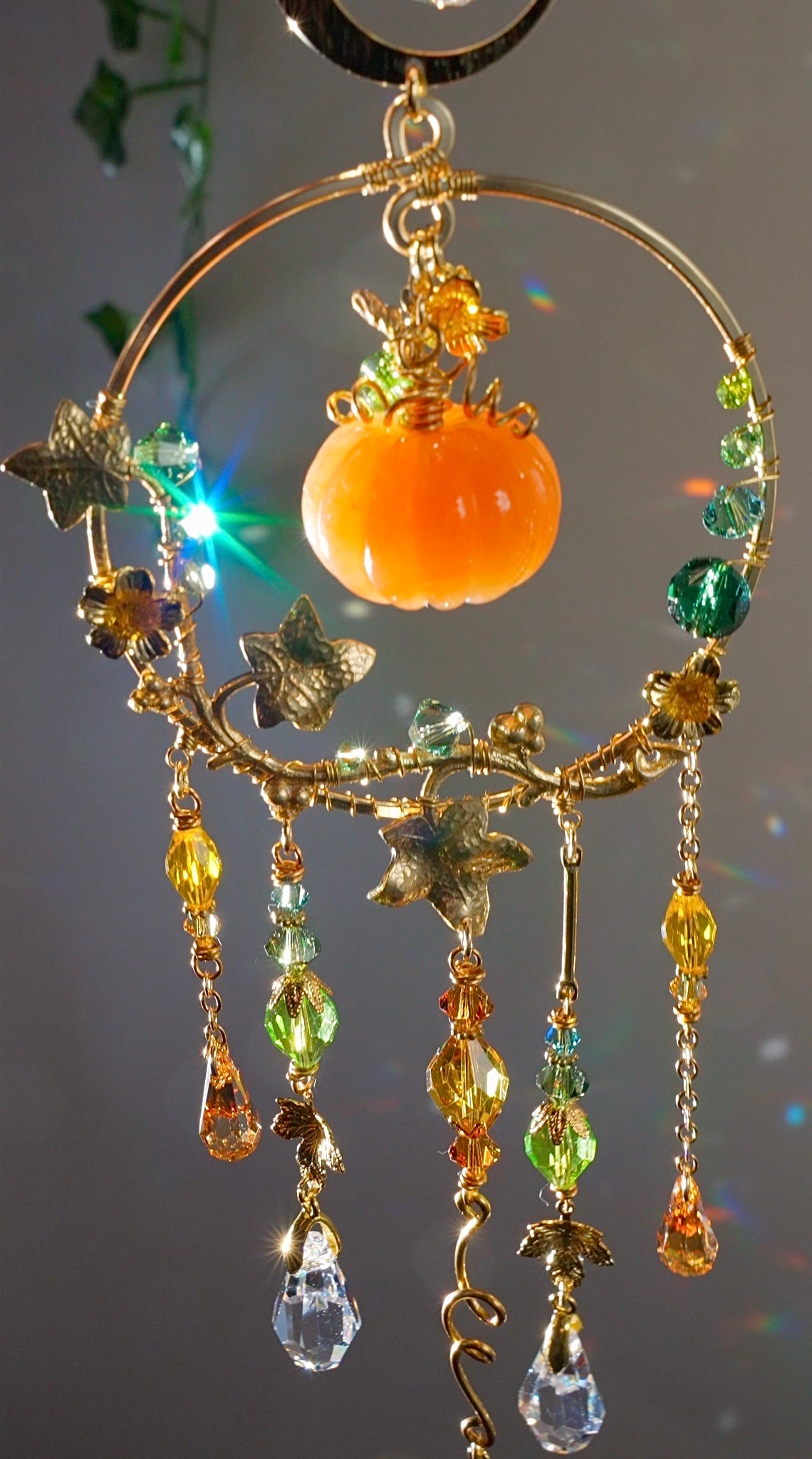 Orange Aventurine "Harvest pumpkin" Mini Suncatcher, Gemstone and Gold-plated Brass Crystal celestial witchy Halloween Decor