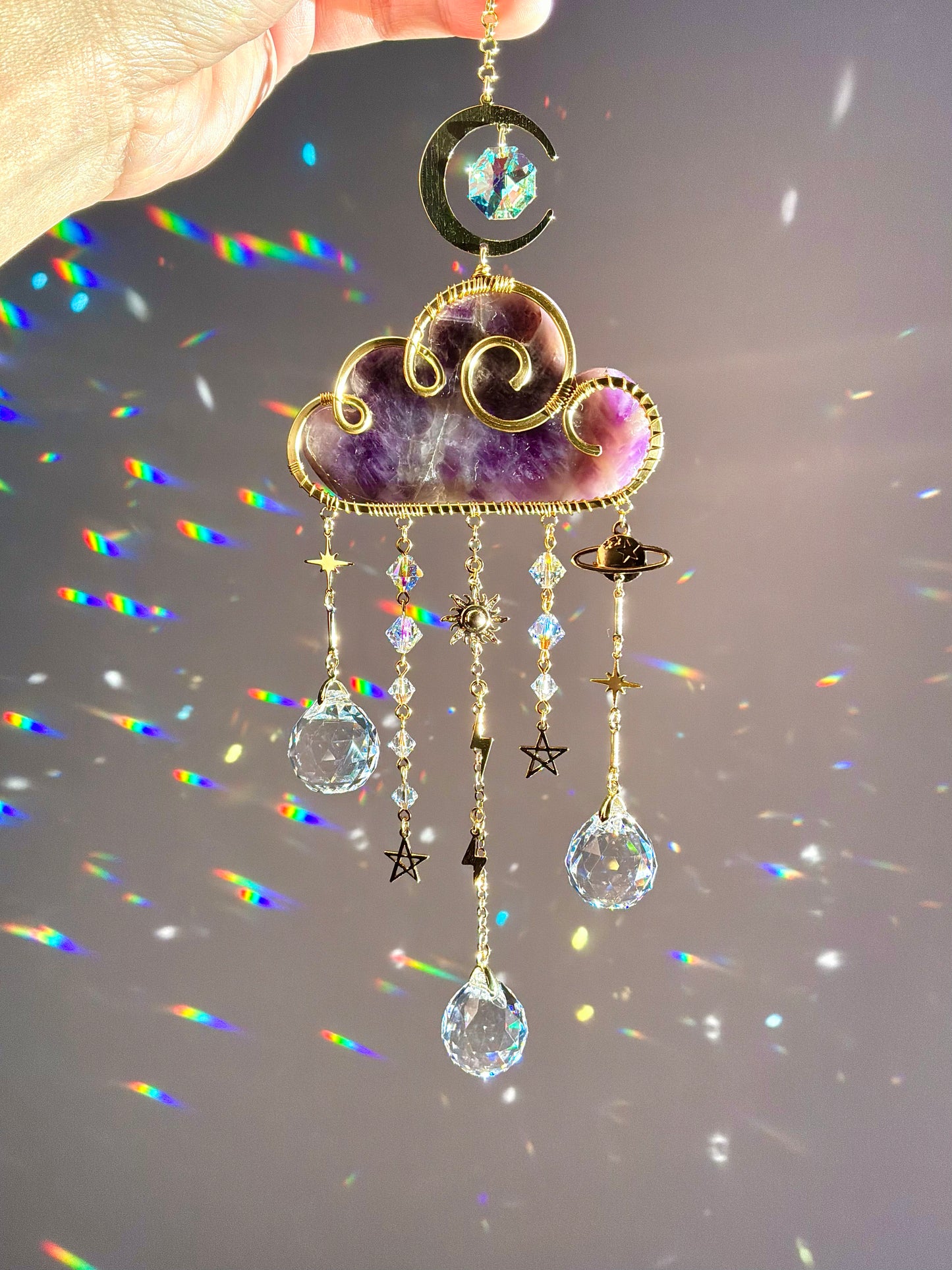Large Gemstone Rain Cloud Suncatchers ~ 18k Gold-Plated or Stainless Steel, Clear/ Rose Quartz, Purple Opalite, Amethyst with Crystal Prisms