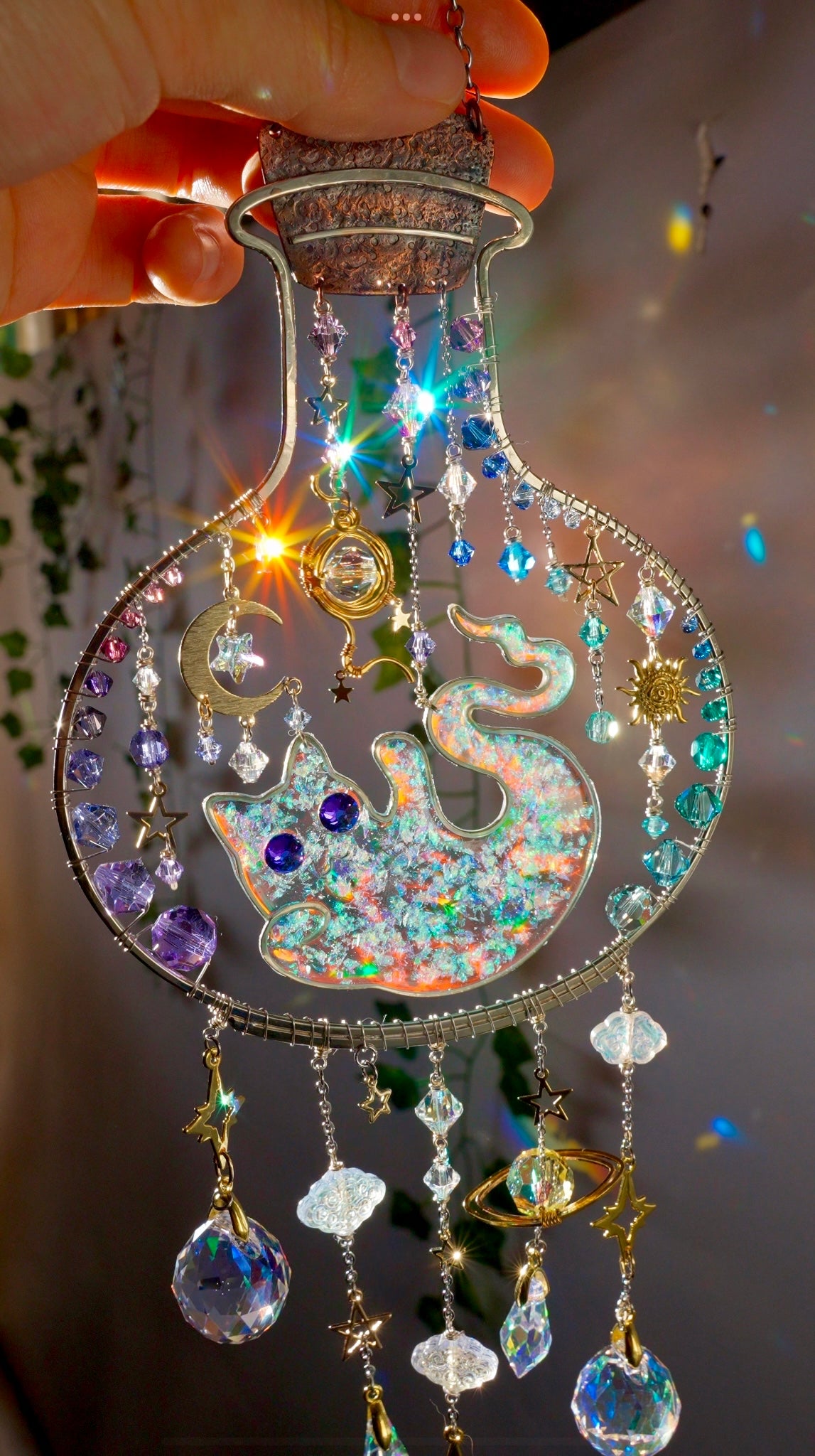Cosmic Kitty Ghost Jar ~ Copper, German silver, 18k Gold-plated brass and Crystal celestial witchy Halloween Suncatcher