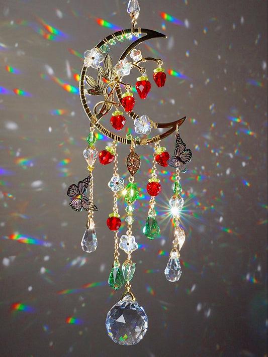 Strawberry Moon Mini Crystal Suncatcher, Fruit Berry Cottagecore Room Decor Prisms