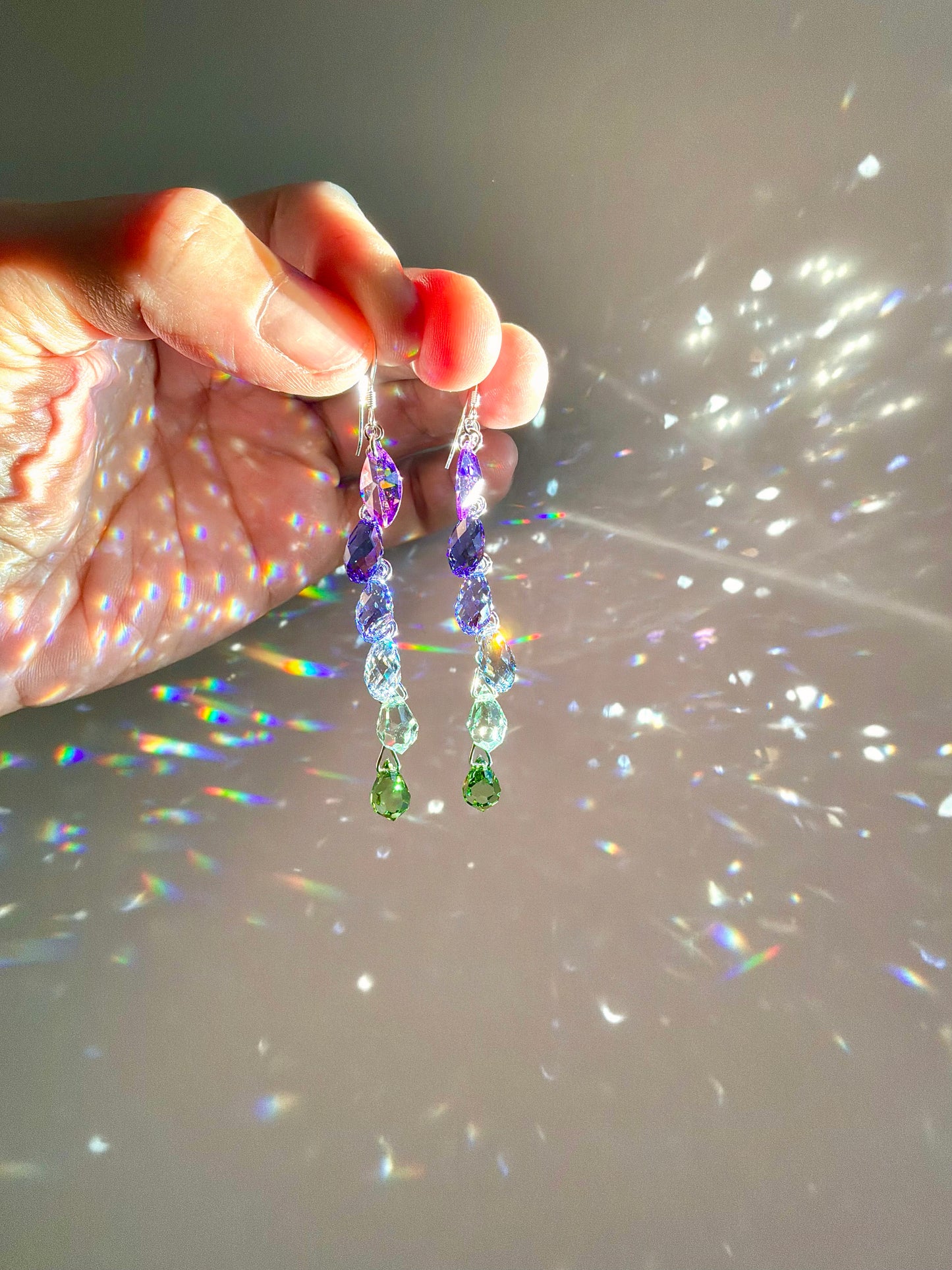 "Lavender & Sage" ~ *Luxe* Ombré Crystal Waterfall earrings, Sterling Silver or 14k Gold-Filled, indigo violet purple green jewelry