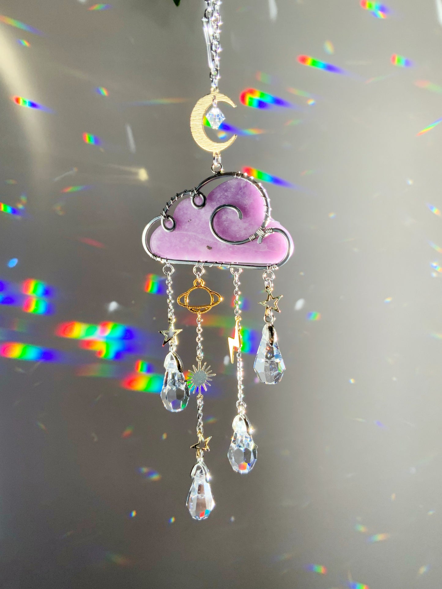 Gemstone Rain Cloud Car Charm Suncatcher ~ 18k Gold-Plated or Stainless Steel, Clear or Rose Quartz, Purple Jade or Lepidolite