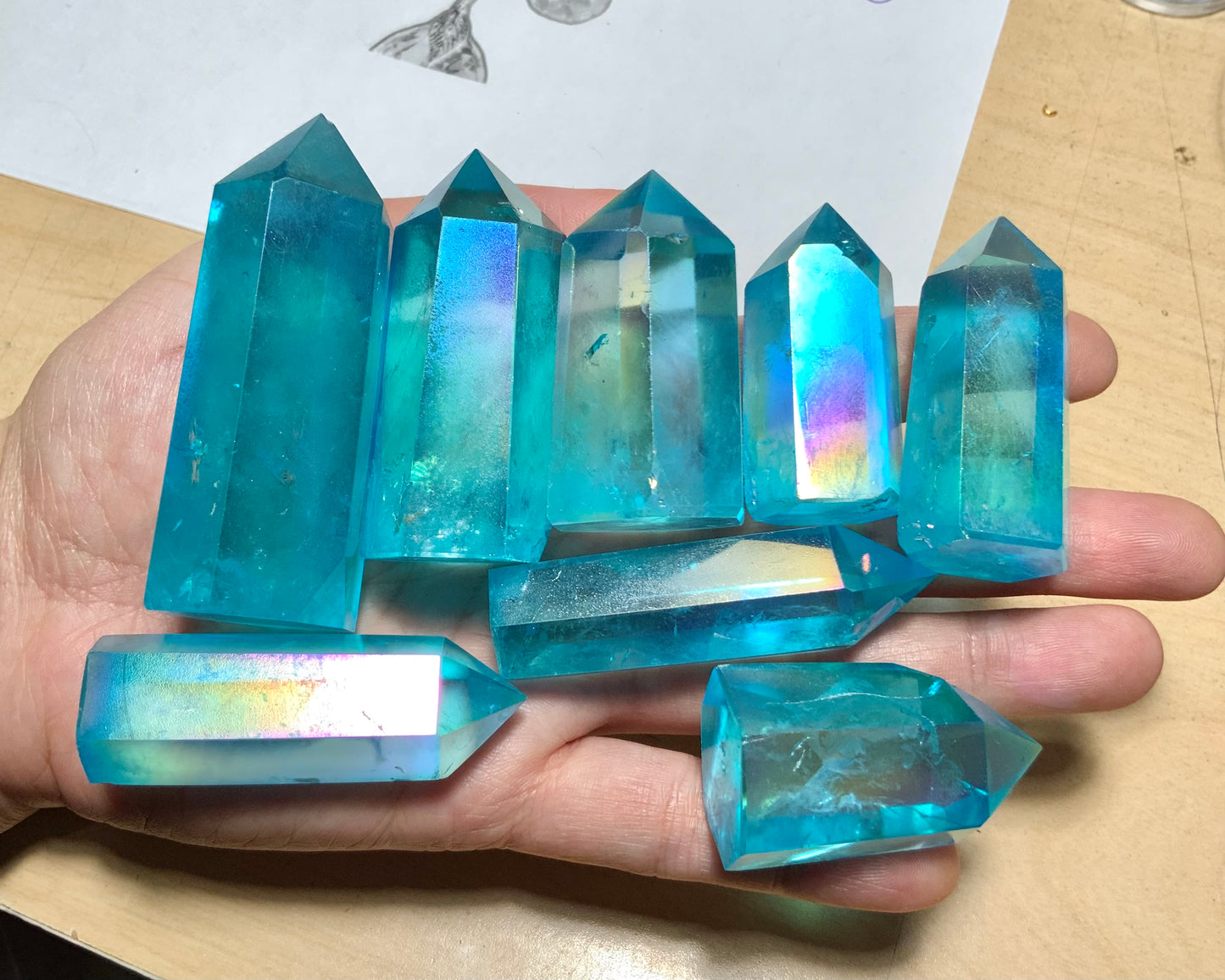 Flawed Destash— 8 Aqua Aura Quartz Towers w/ minor chips