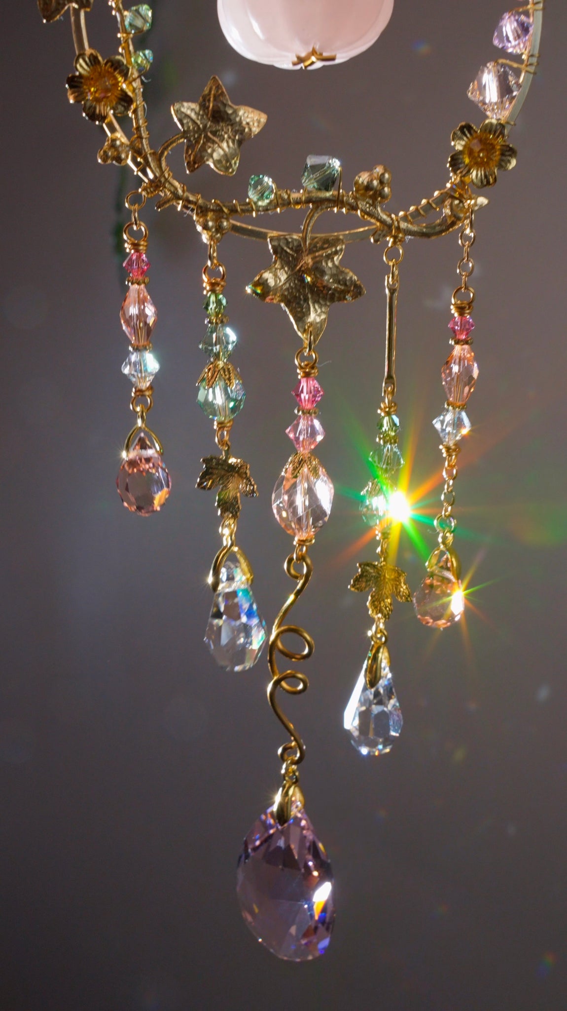 Rose Quartz "Harvest pumpkin" Mini Suncatcher, Gemstone and Gold-plated Brass Crystal celestial witchy Halloween Decor