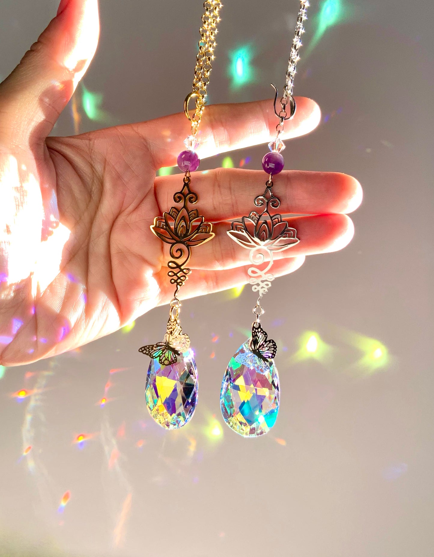 Amethyst Lotus Unalome Car Charm, Floral Gemstone Crystal Prism Suncatcher, home decor or car mirror hanger