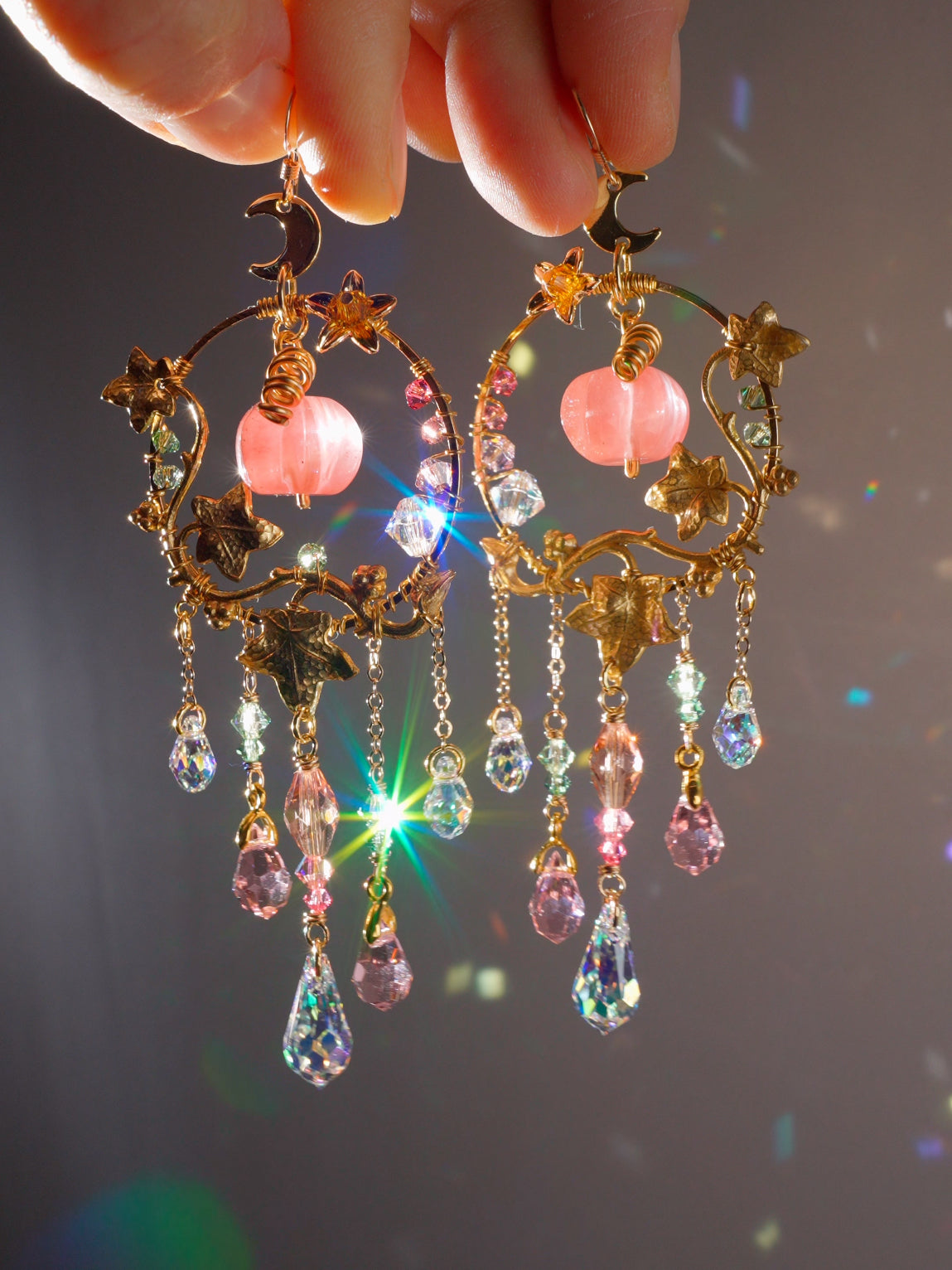 Cherry Quartz Glass "Harvest pumpkin" Earrings, Crystal Prism Gold-plated Brass Suncatcher witchy Halloween Jewelry