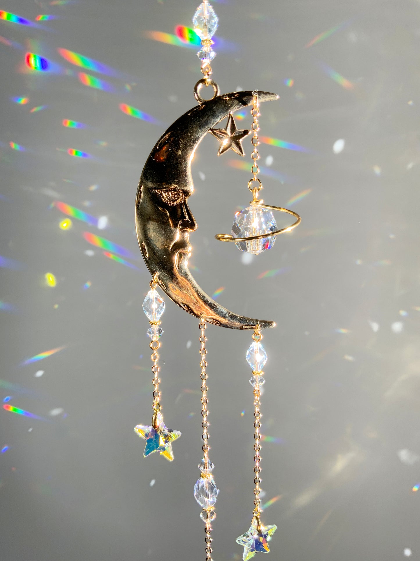 "Falling Stars" ~ Mini Suncatcher, Gold or Silver, Sun Moon Saturn Celestial Crystal Prism ornament