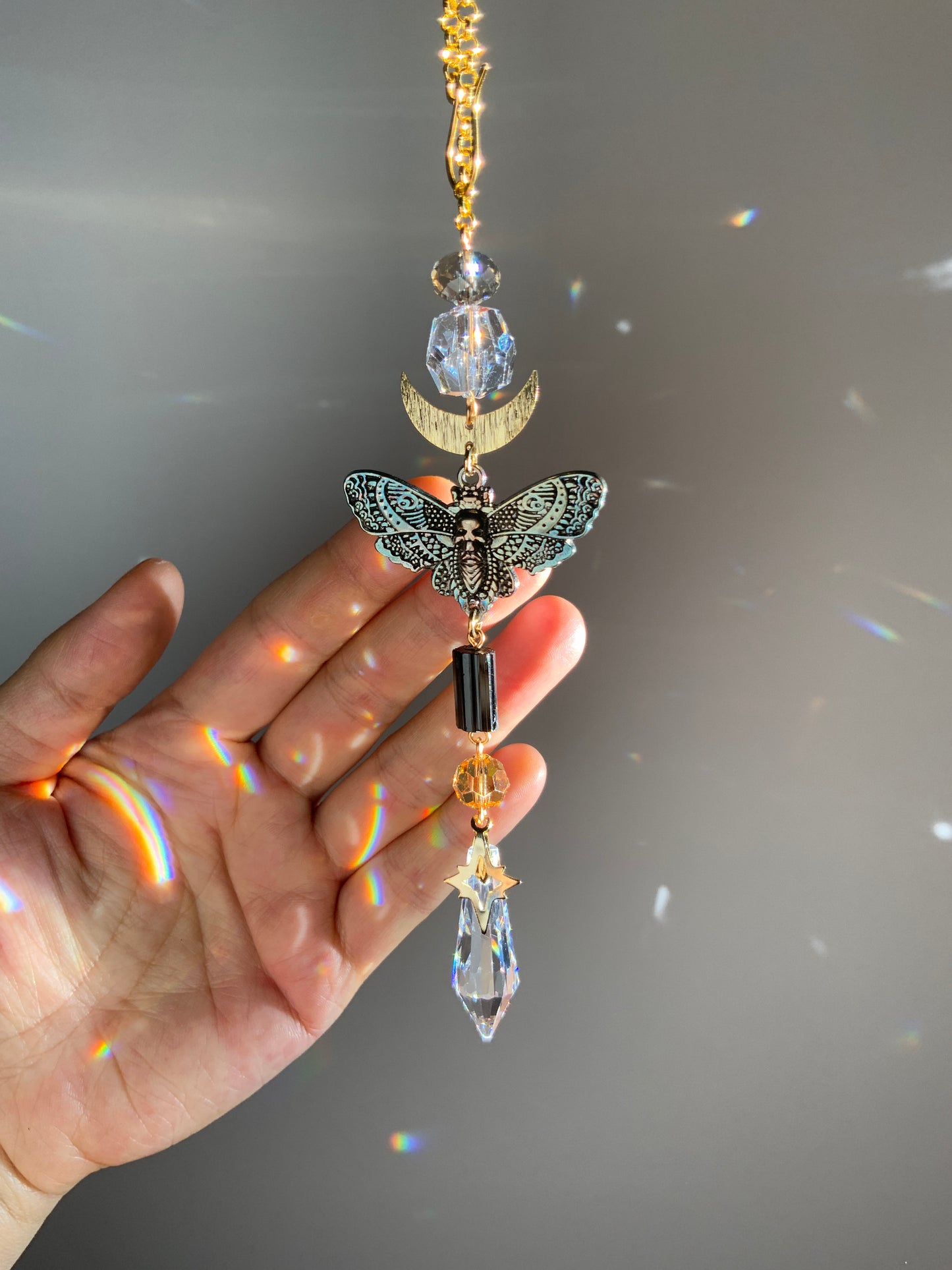 Black Tourmaline Death’s Head Moth Rear View Mirror Car Charm, 18k Gold-Plated Moon Prism suncatcher auto decoration accessories