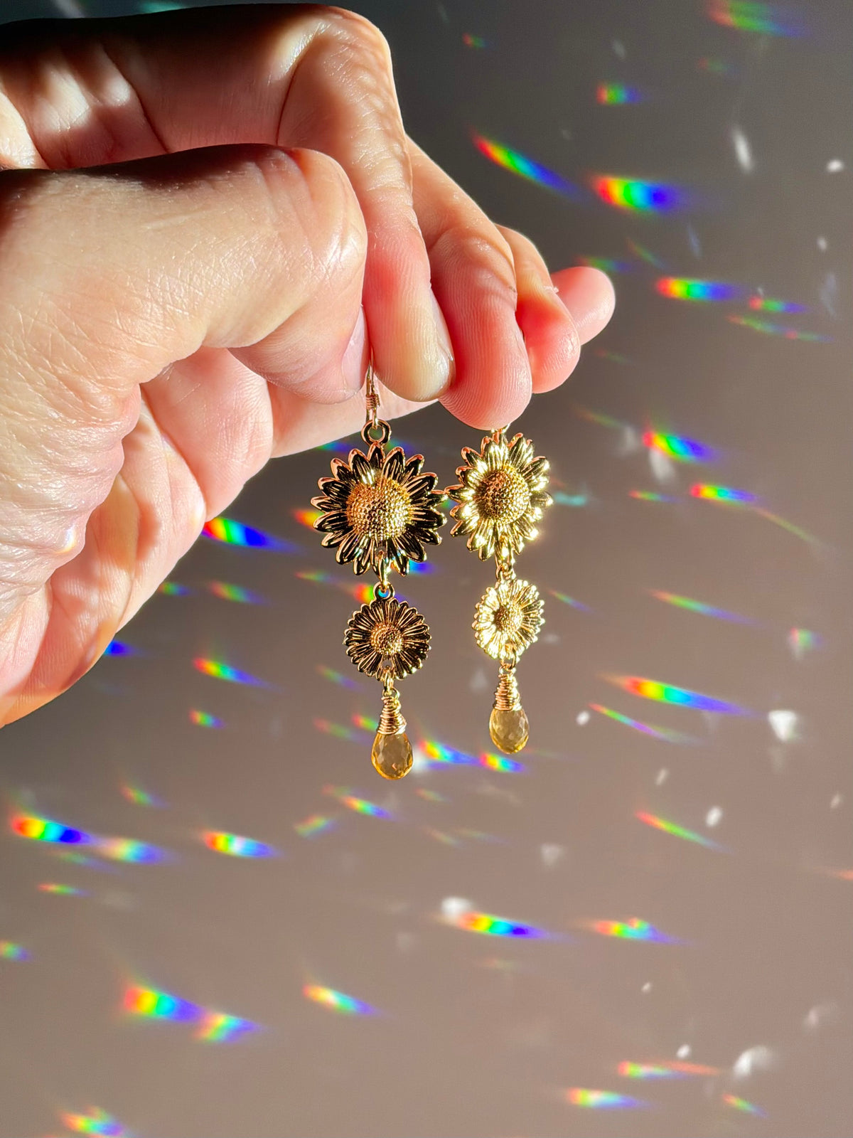 Sunflowers & Citrine 18k Gold-plated Gemstone Earrings or Crystal prisms