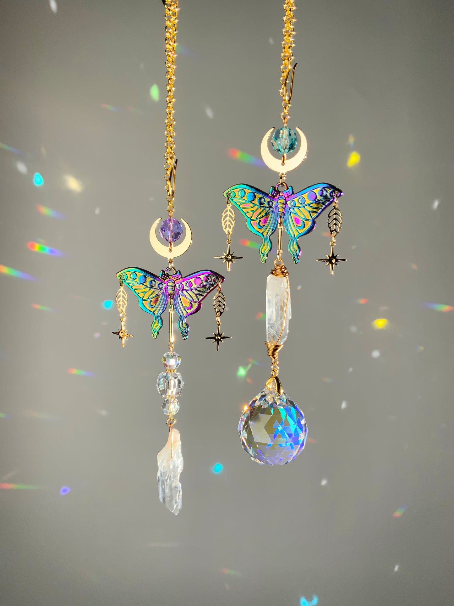 Mystic Luna Moth Car Charm, Raw Quartz 18k Gold-Plated Witchy Celestial Moon Stars Prism suncatcher, rearview mirror hanger