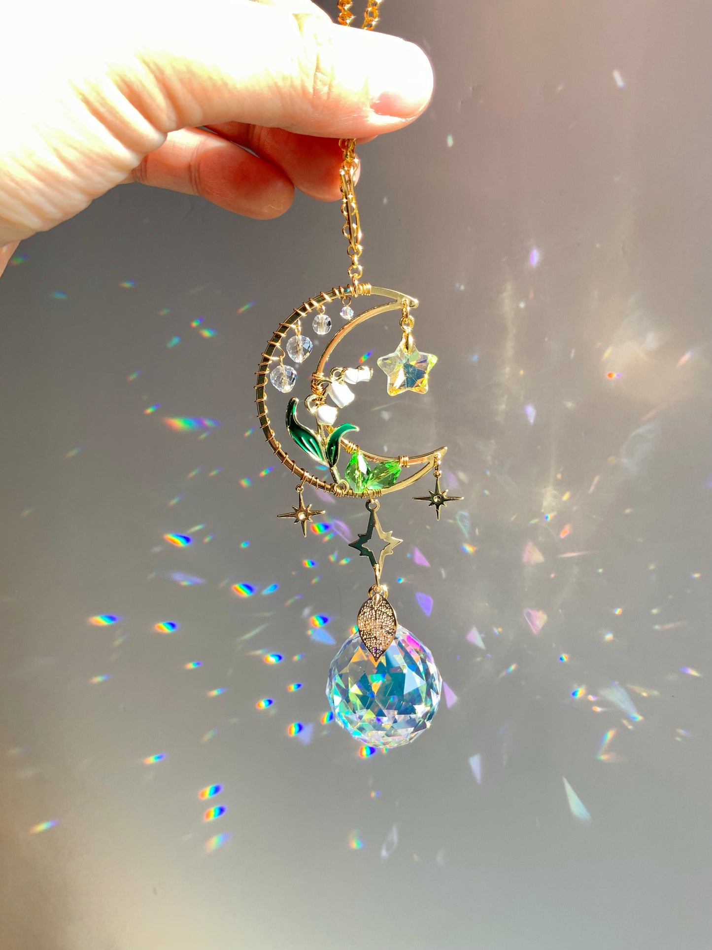 Lily of the Valley Moon Car Charm, 18k Gold-Plated May Birthflower Crystal Celestial Prism suncatcher, rearview mirror hanger