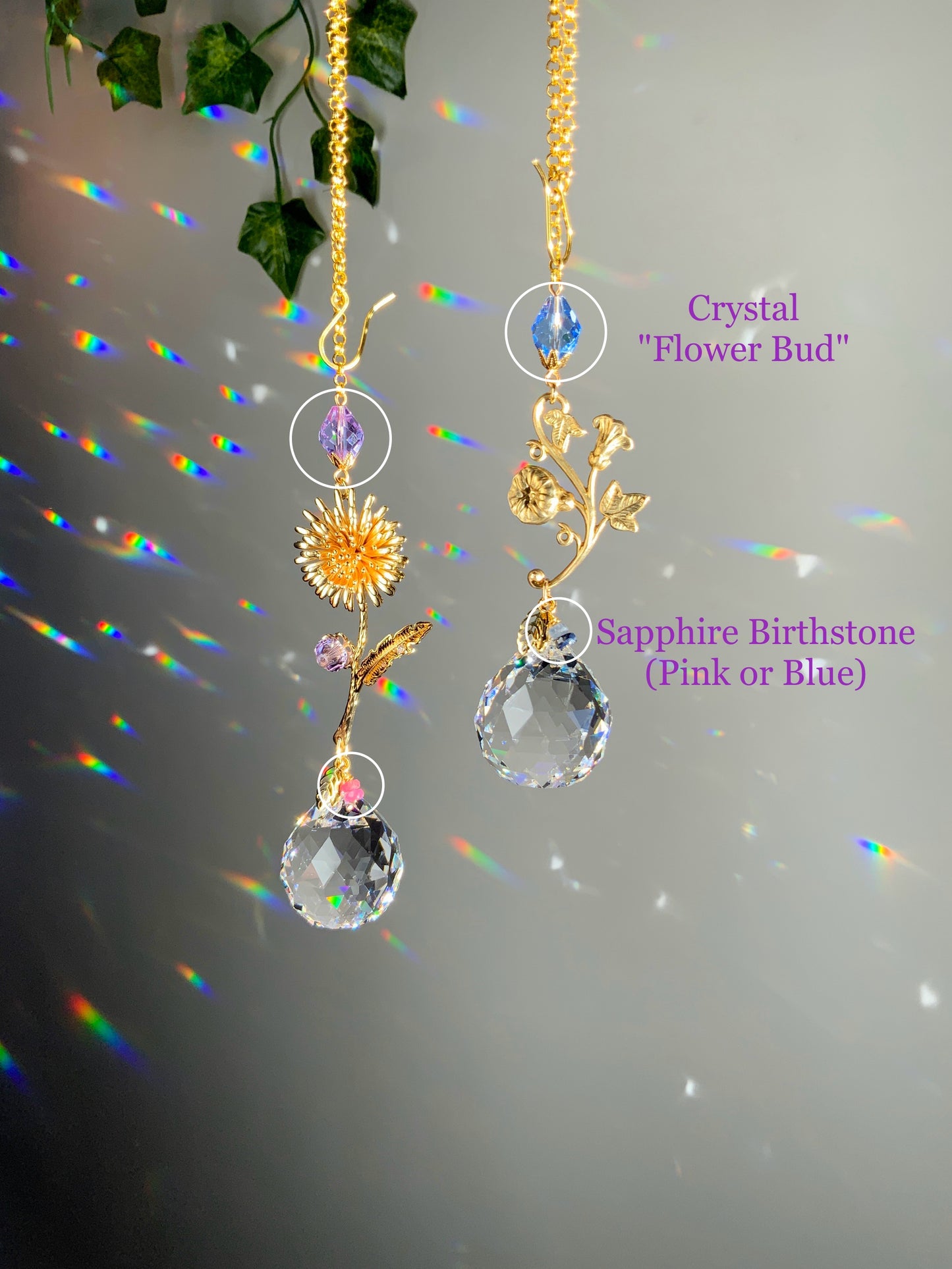 Birthflower Series- September Morning Glory or Aster, Sapphire Crystal Prism Car Charm, Choose your Color and Birthstone