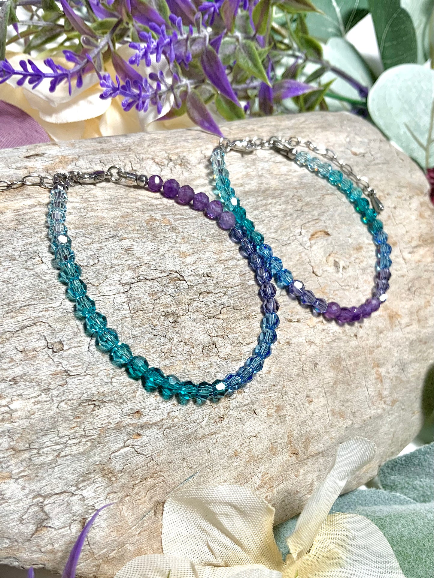 Matching Amethyst Lagoon Ombré Crystal and Gemstone Bracelet, Adjustable Length