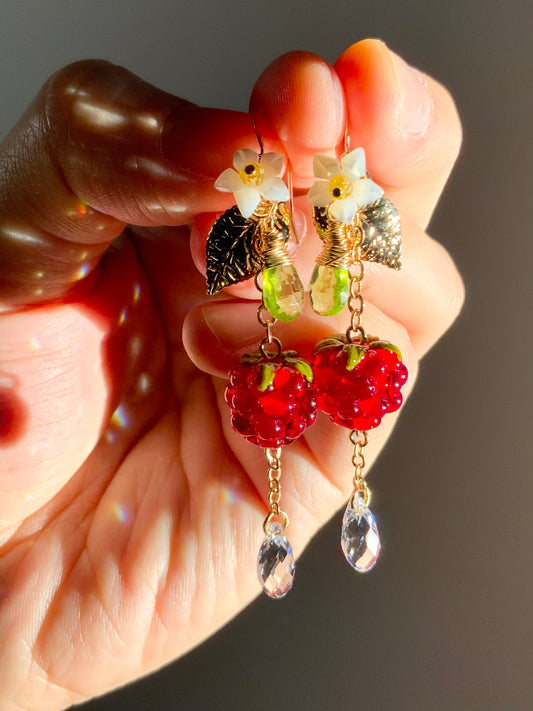 Super Realistic Raspberry Blossom Earrings~ Peridot, Mother of Pearl, Artisan-made Glass, 18k Gold-Plated Crystal Fruit jewelry
