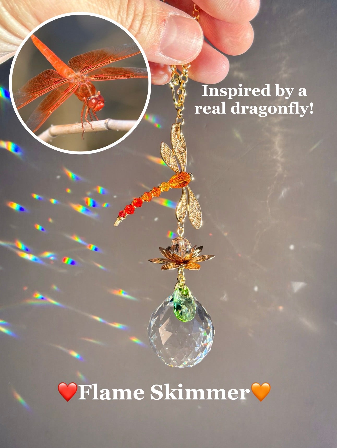 Jeweled Dragonfly Series~ 18k Gold-Plated Car Charm Suncatcher, Ombre Color Gradient made with Rare Crystals