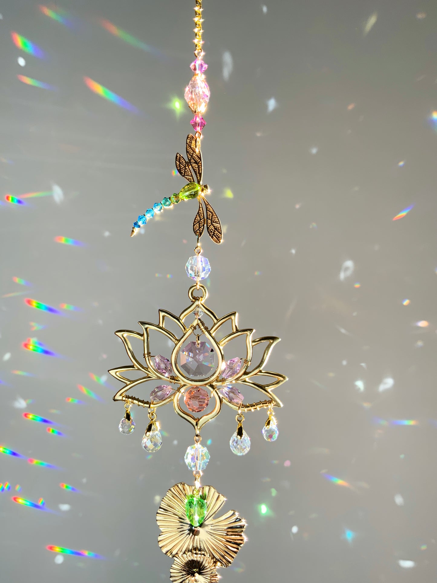 "Pond Life" ~ Dragonfly Lotus Lily Pad Crystal Ball Suncatcher, 18k Gold-Plated Window Charm, Waterlily July Birthflower