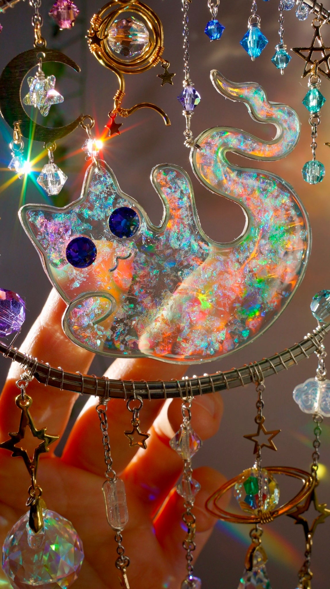 Cosmic Kitty Ghost Jar ~ Copper, German silver, 18k Gold-plated brass and Crystal celestial witchy Halloween Suncatcher
