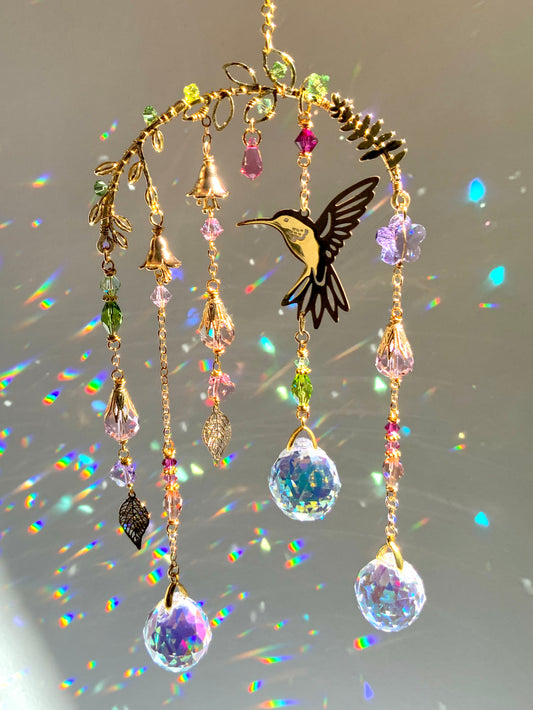 Small Crystal Hummingbird Mobile ~ 18k Gold-plated, Stainless Steel, ombré prisms Suncatcher