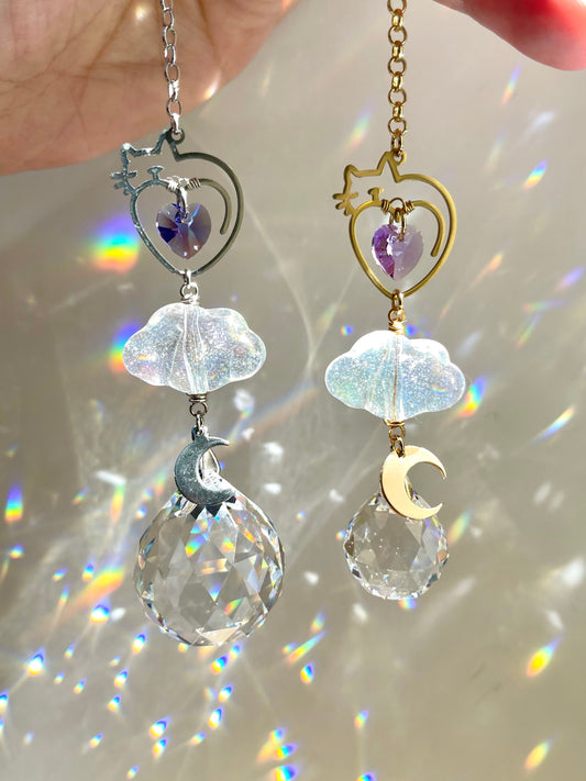 “Kitty in the Clouds” Pet Memorial Car Charm, Gold or Silver Crystal Prism suncatcher, rearview mirror hanger