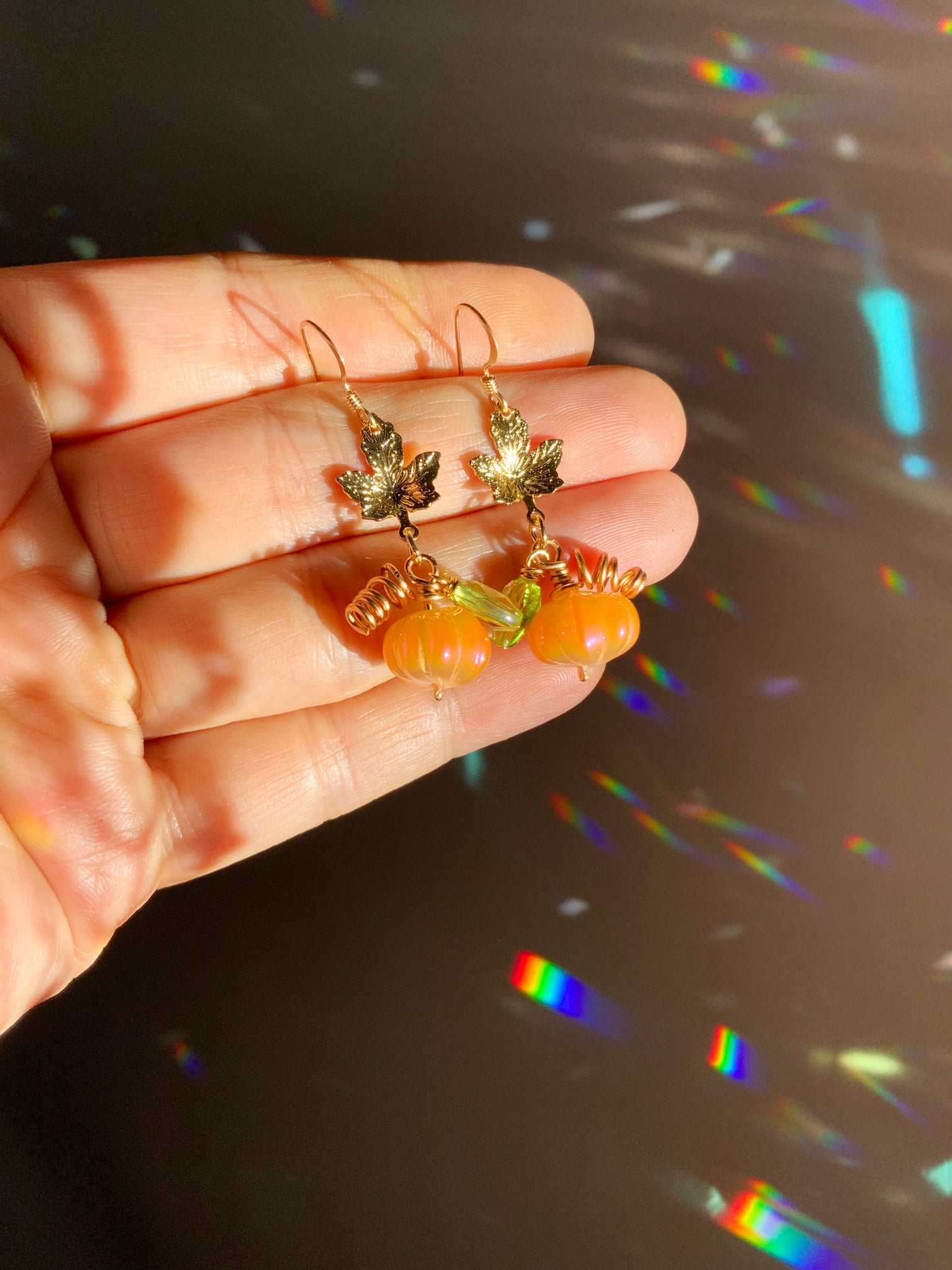 Mystic Pumpkin earrings ~ Orange Aura Glass with pink and blue reflections, 18k Gold-Plated Maple