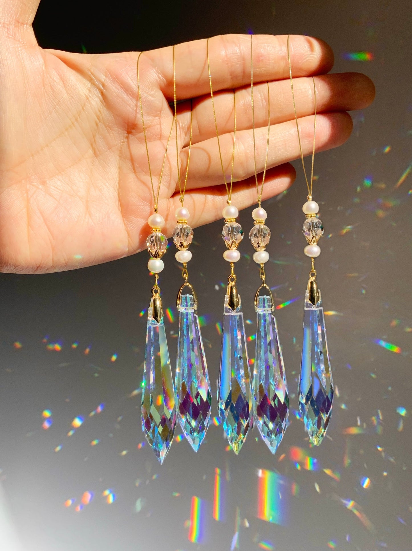 Icicles for Christmas Tree Ornaments ~ Winter Yule Freshwater Pearl, Crystal Prism Suncatcher home decor rainbow maker