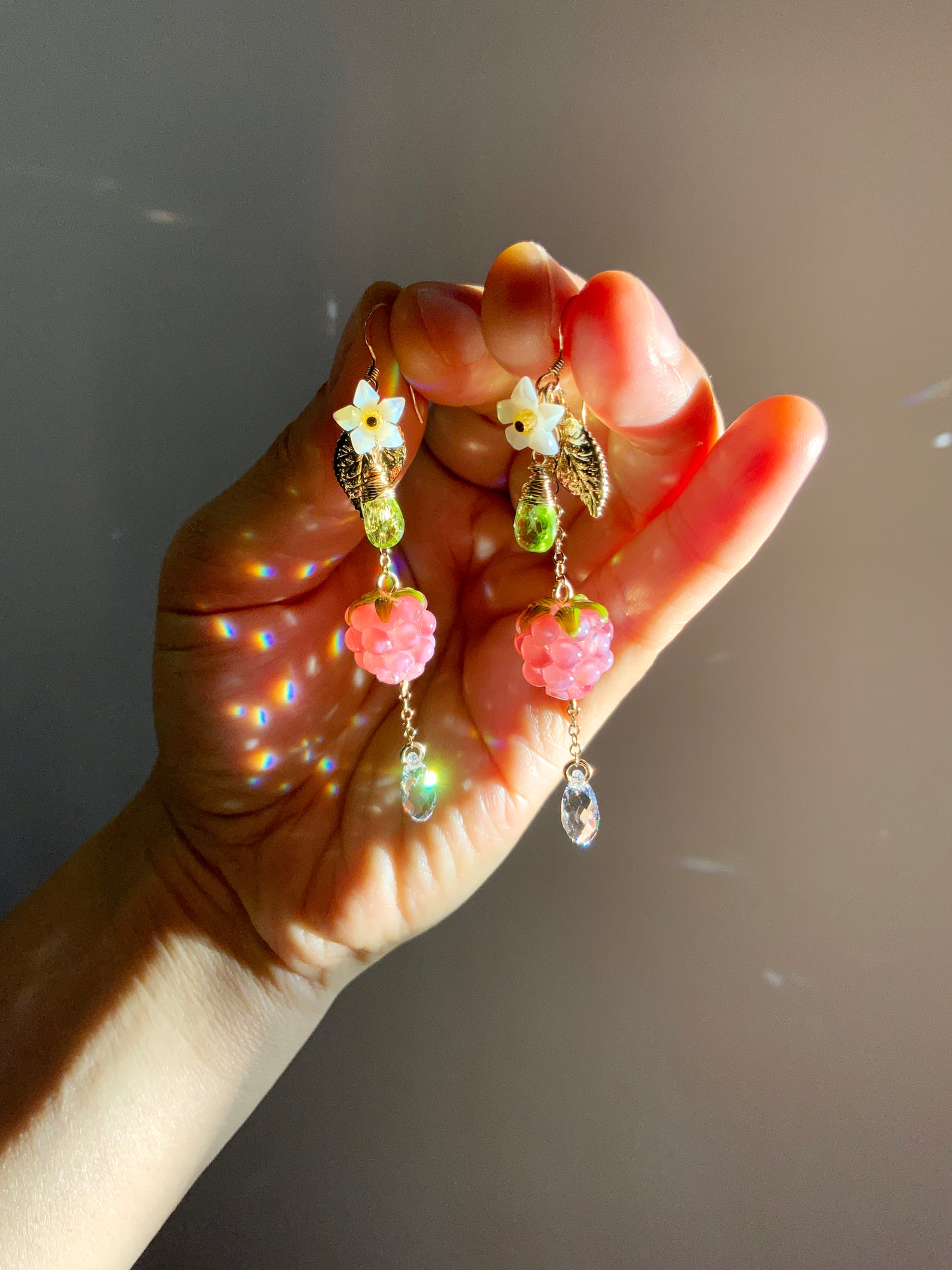 Super Realistic Pink Raspberry Blossom Earrings~ Peridot, Mother of Pearl, Artisan-made Glass, 18k Gold-Plated Crystal Fruit jewelry