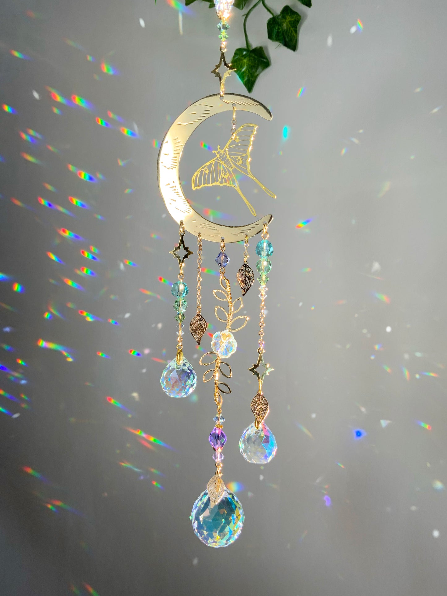 "Flight of the Luna Moth" Suncatcher, Bronze and 18k Gold-Plated Witchy Crystal Celestial Moonflower room decor