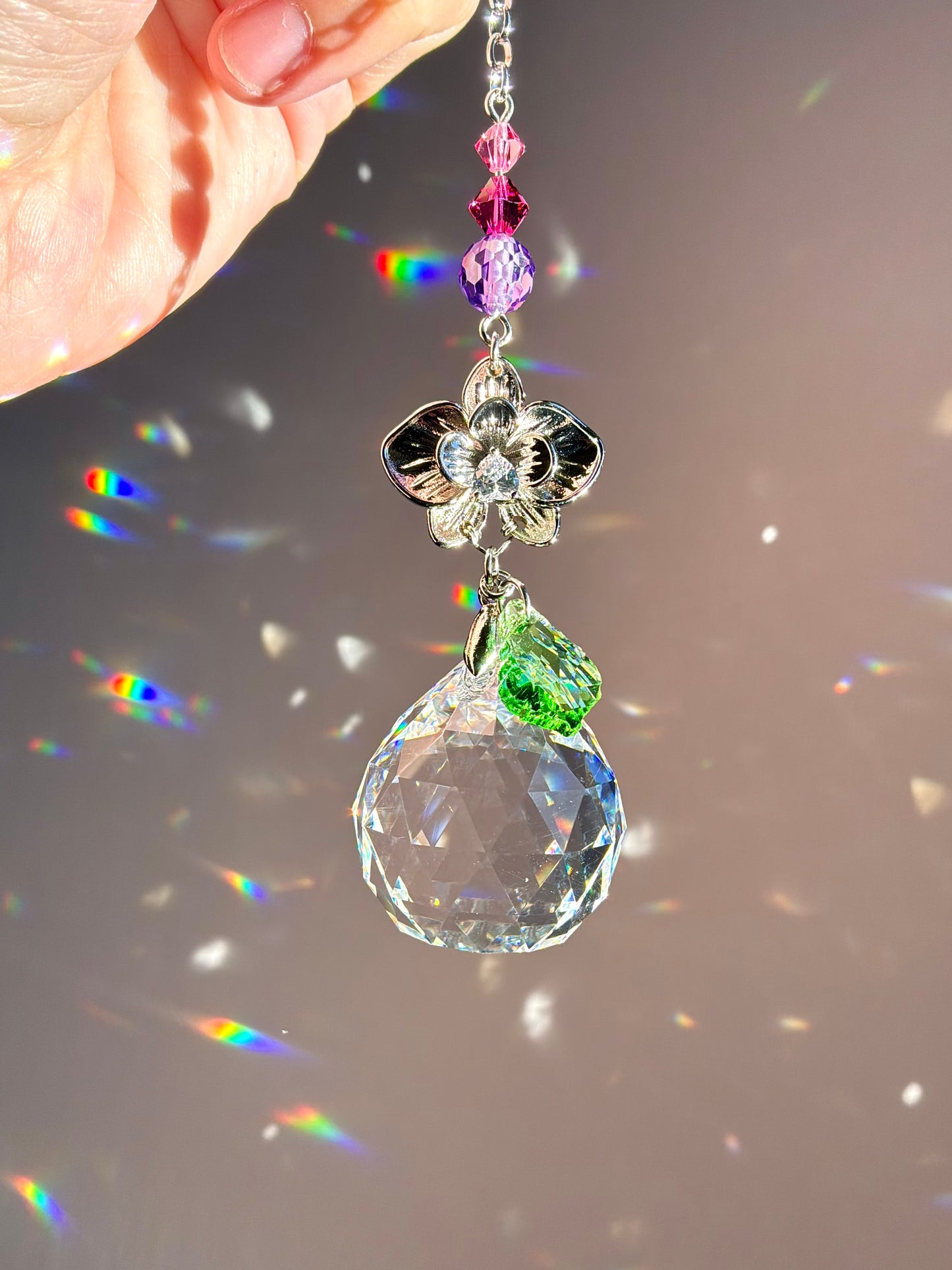 Jeweled Orchid Flower Crystal Car Charm, Floral Prism Suncatcher Purple Pink home decor or accessories