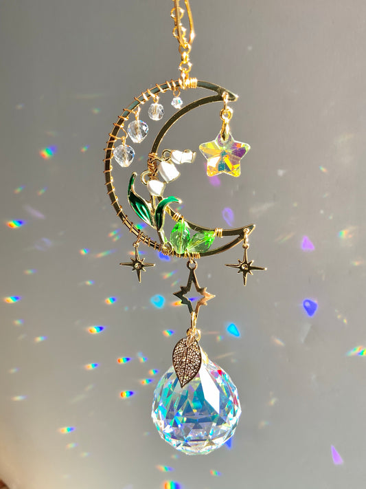 Lily of the Valley Moon Car Charm, 18k Gold-Plated May Birthflower Crystal Celestial Prism suncatcher, rearview mirror hanger