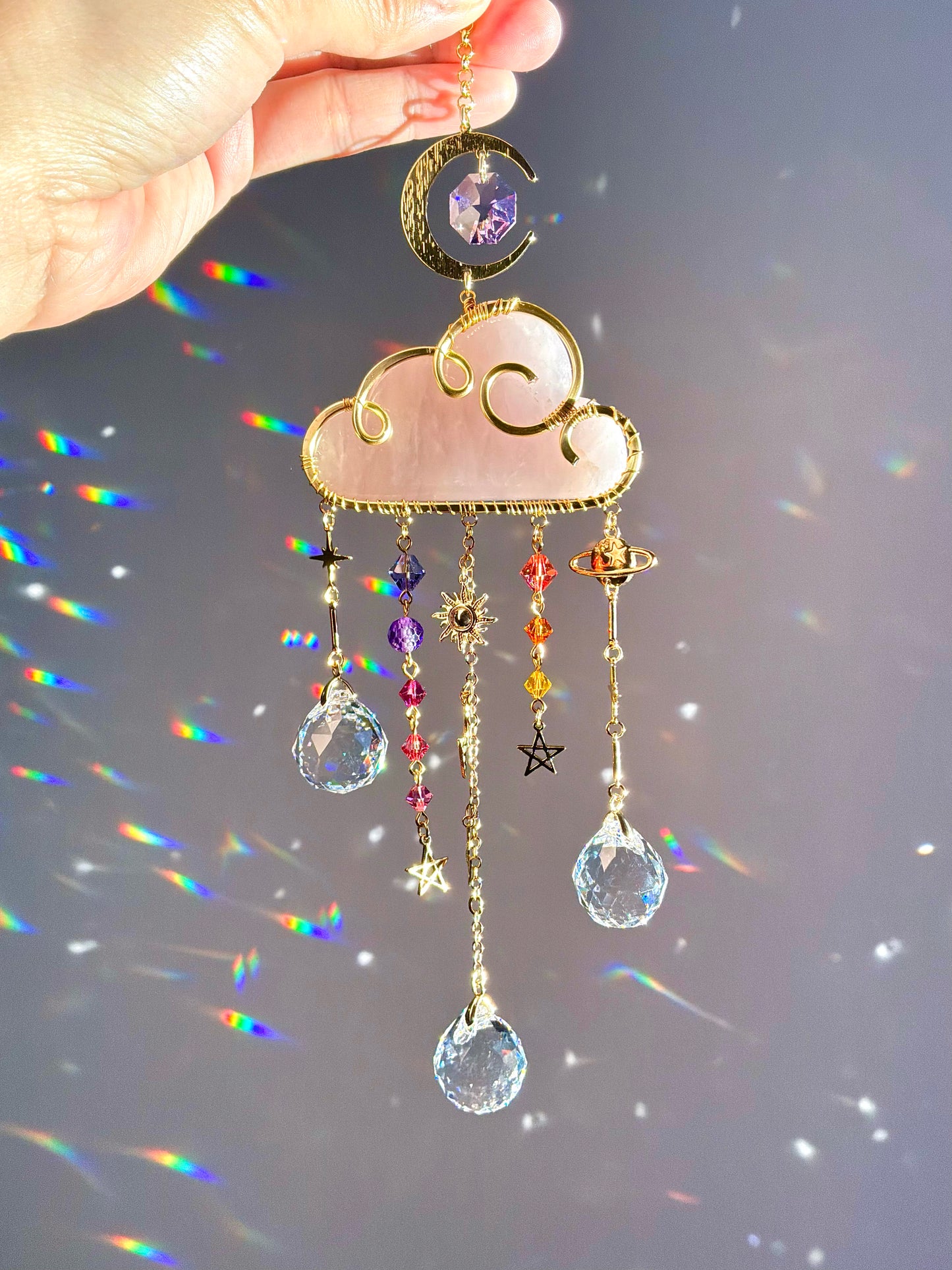 Large Gemstone Rain Cloud Suncatchers ~ 18k Gold-Plated or Stainless Steel, Clear/ Rose Quartz, Purple Opalite, Amethyst with Crystal Prisms