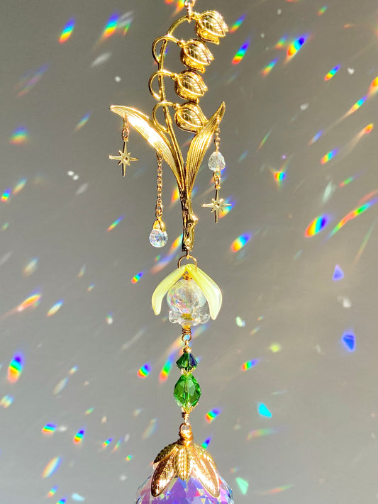 Lily of The Valley Crystal Ball Suncatcher, Gold-Plated Flower Window Charm with ombré prisms