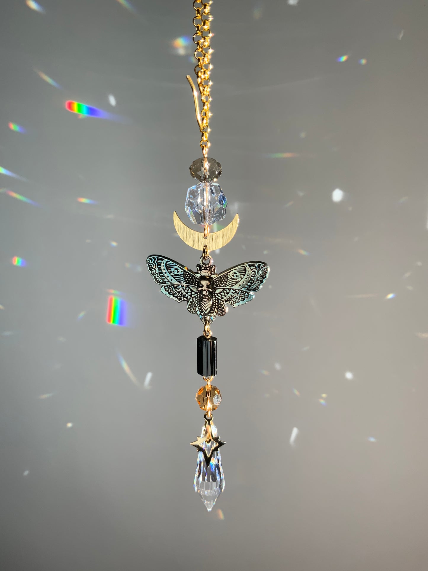 Black Tourmaline Death’s Head Moth Rear View Mirror Car Charm, 18k Gold-Plated Moon Prism suncatcher auto decoration accessories