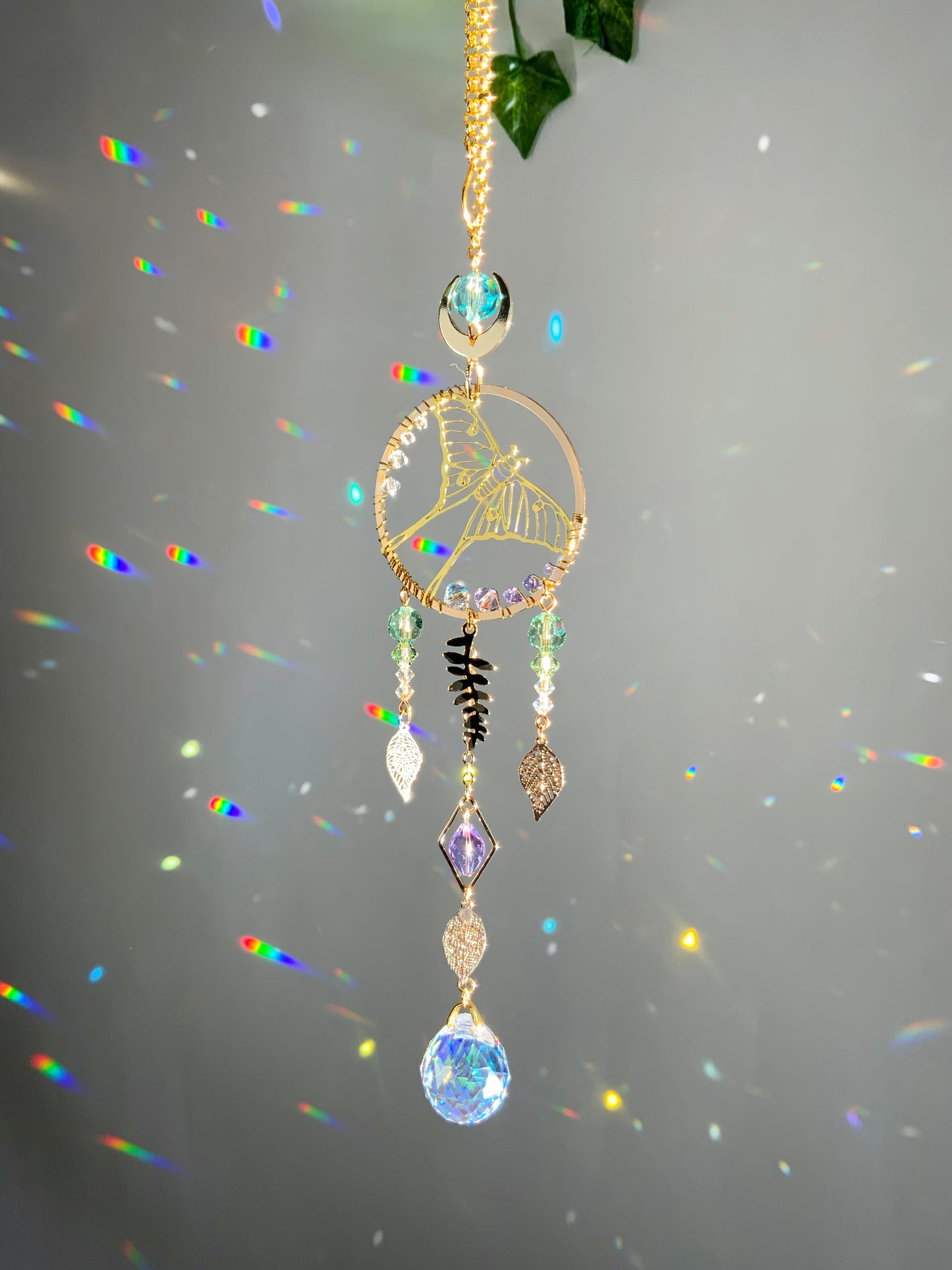 "Flight of the Luna Moth" Car Charm, 18k Gold-Plated Witchy Crystal Celestial Moon Prism suncatcher, rearview mirror hanger