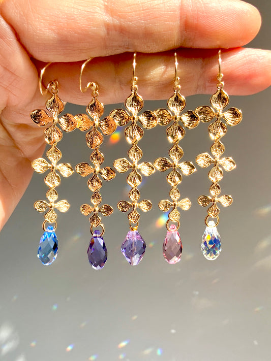 Crystal Prism Hydrangea Earrings~ Choose Your Color, 18k Gold-Plated Flower Suncatcher Jewelry