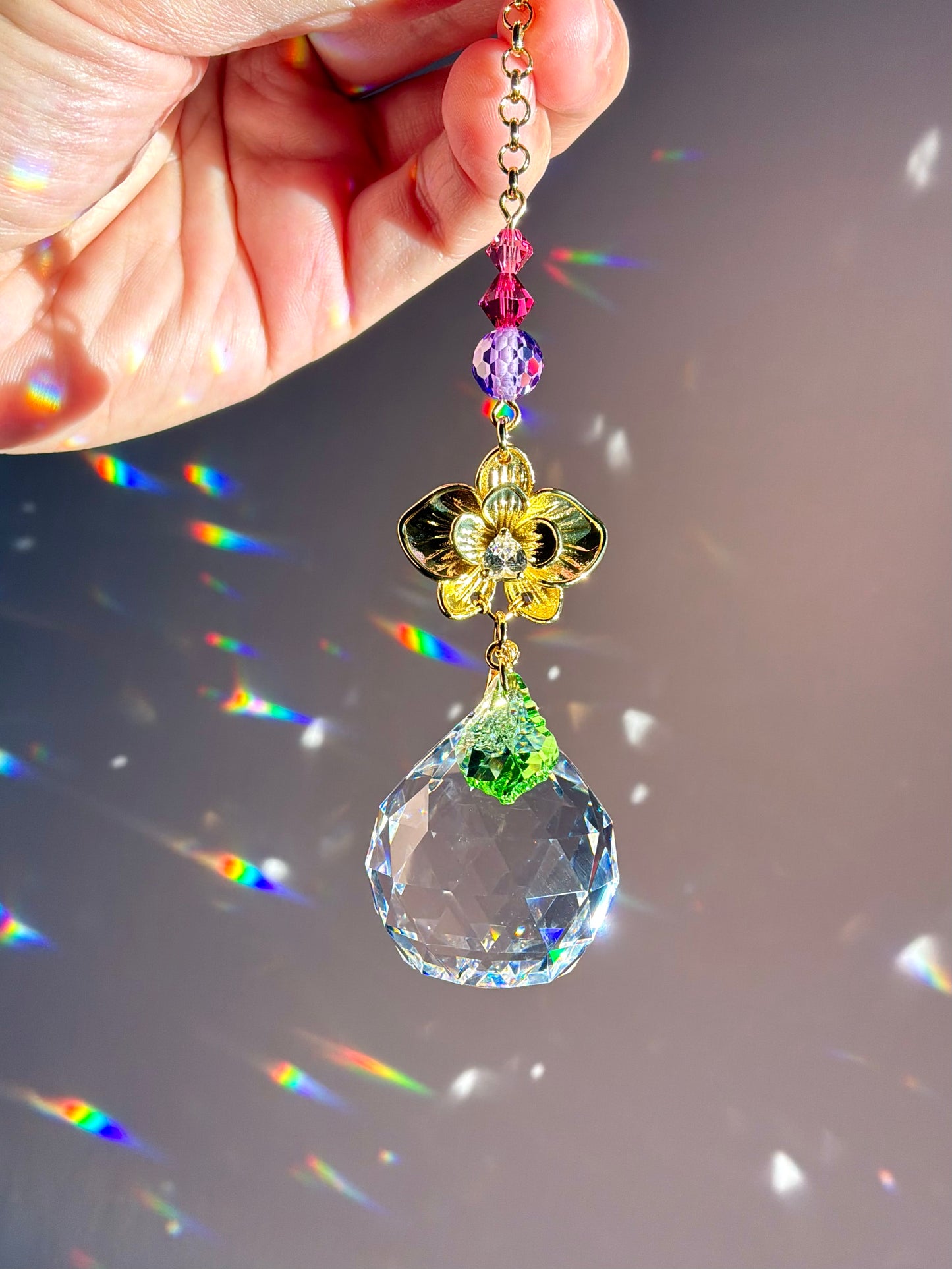 Jeweled Orchid Flower Crystal Car Charm, Floral Prism Suncatcher Purple Pink home decor or accessories