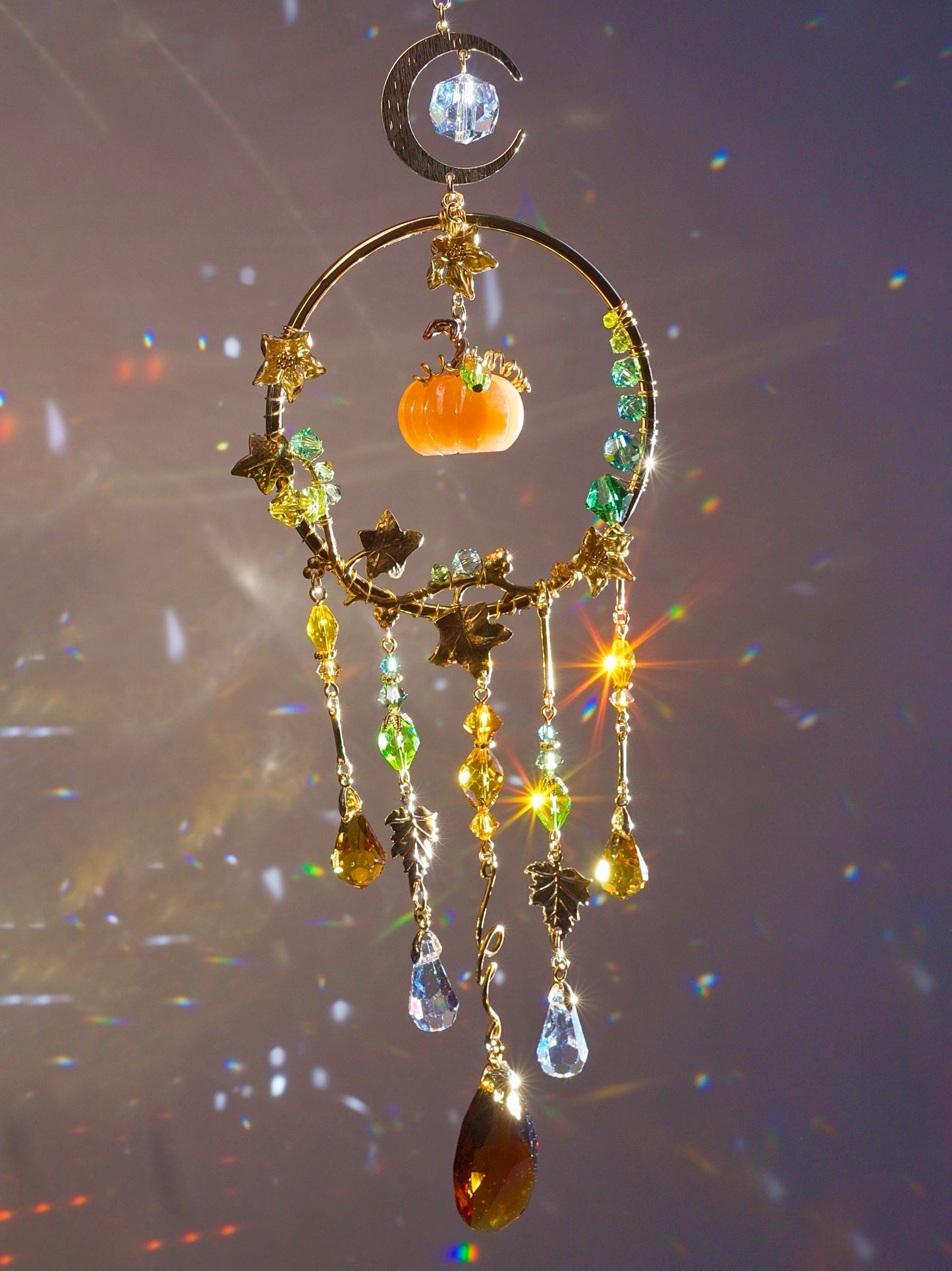 Orange Aventurine "Harvest pumpkin" Mini Suncatcher, Gemstone, Stainless Steel, Gold-plated Brass Crystal celestial witchy Halloween Decor