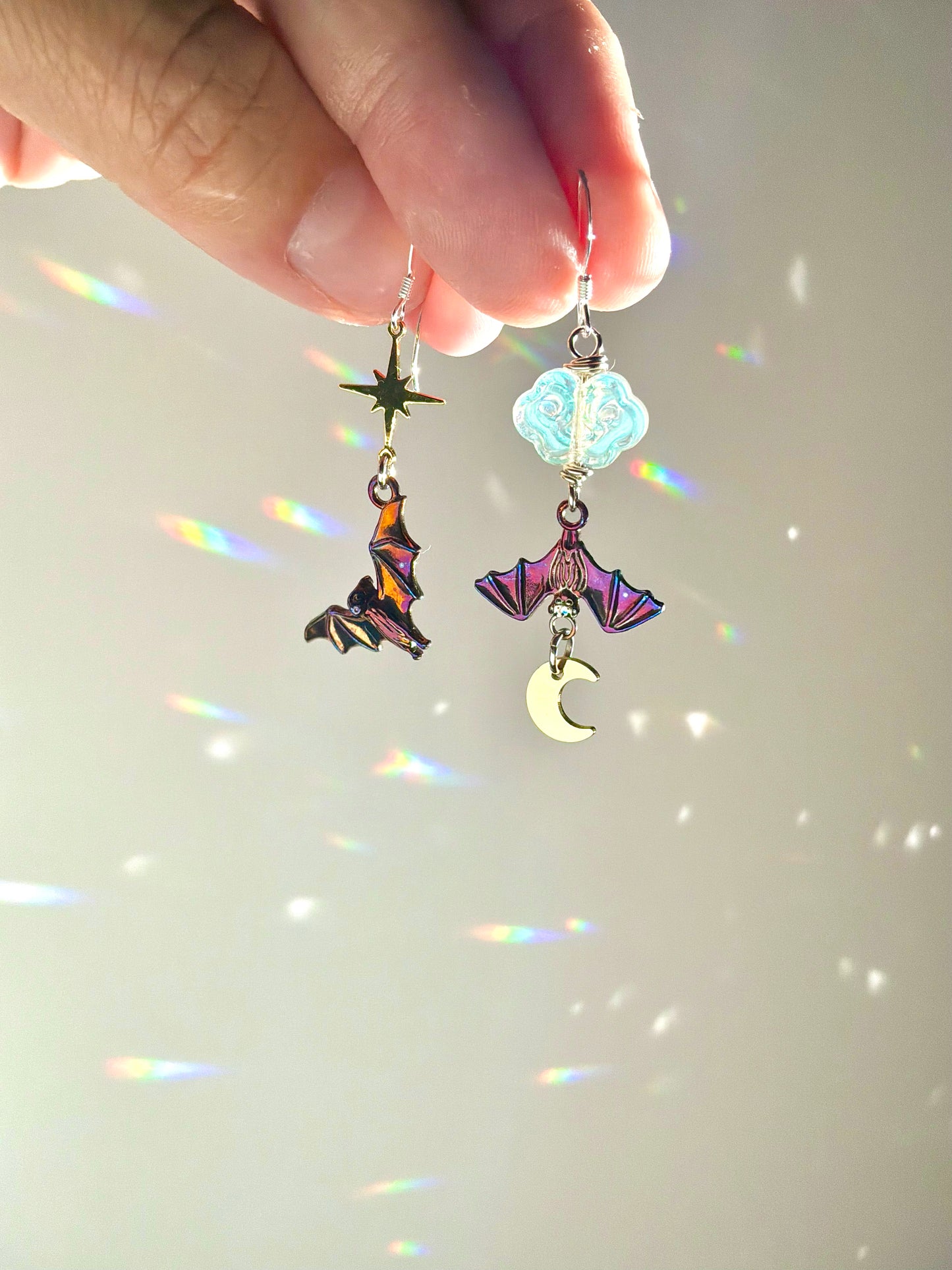 Fire-Painted Asymmetrical Bat Earrings, 18k Gold-Plated Moon and Star with Iridescenf Glass Cloud, spooky Halloween jewelry