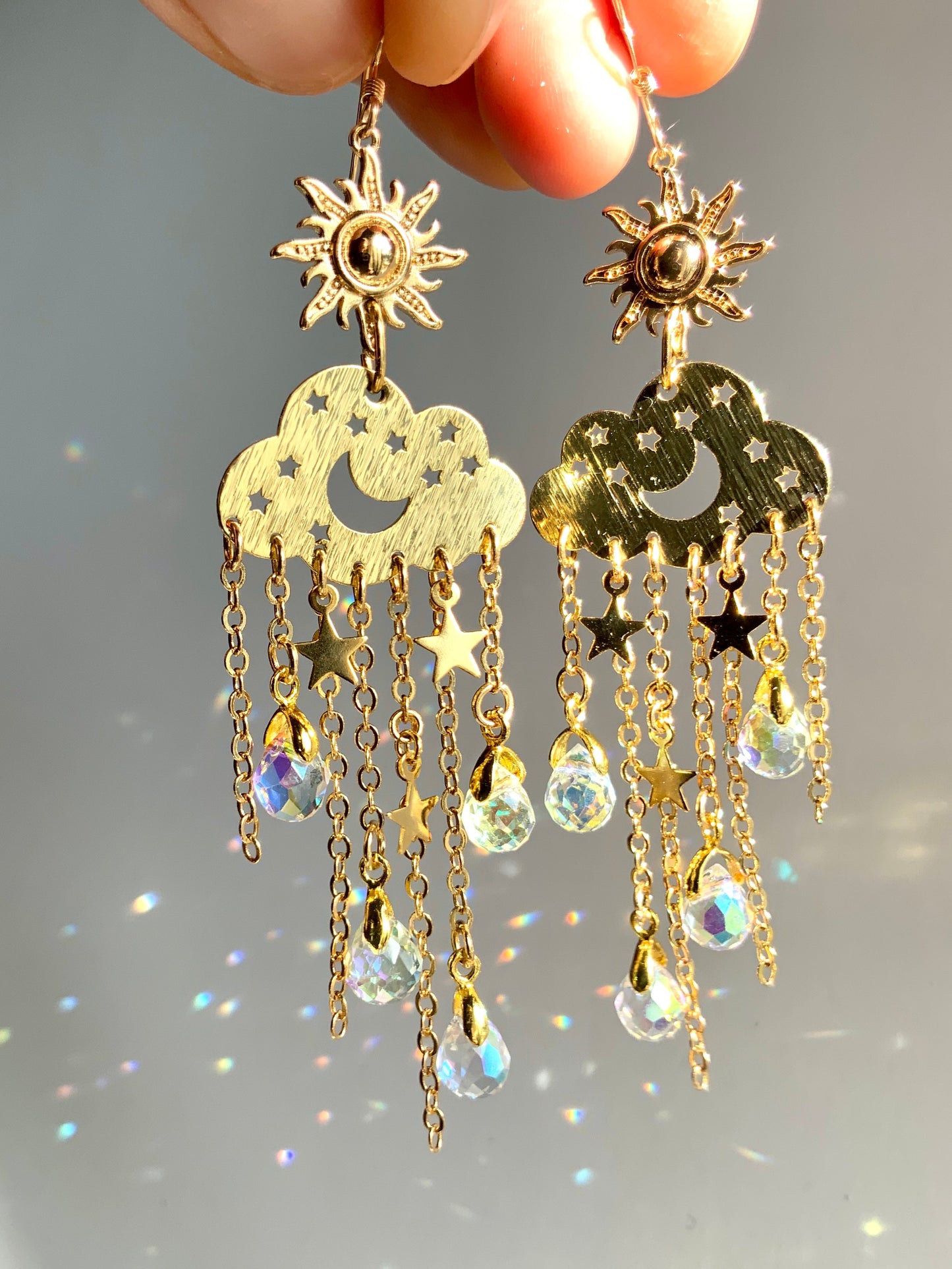 Aura Crystal Rain Cloud earrings~ 18k Gold-Plated Sun Moon Celestial prism Suncatcher jewelry