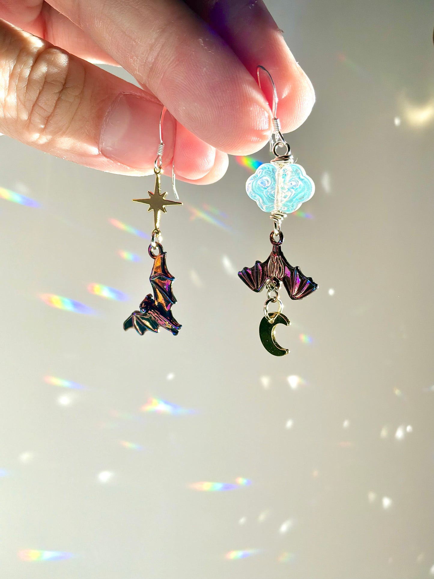 Fire-Painted Asymmetrical Bat Earrings, 18k Gold-Plated Moon and Star with Iridescenf Glass Cloud, spooky Halloween jewelry