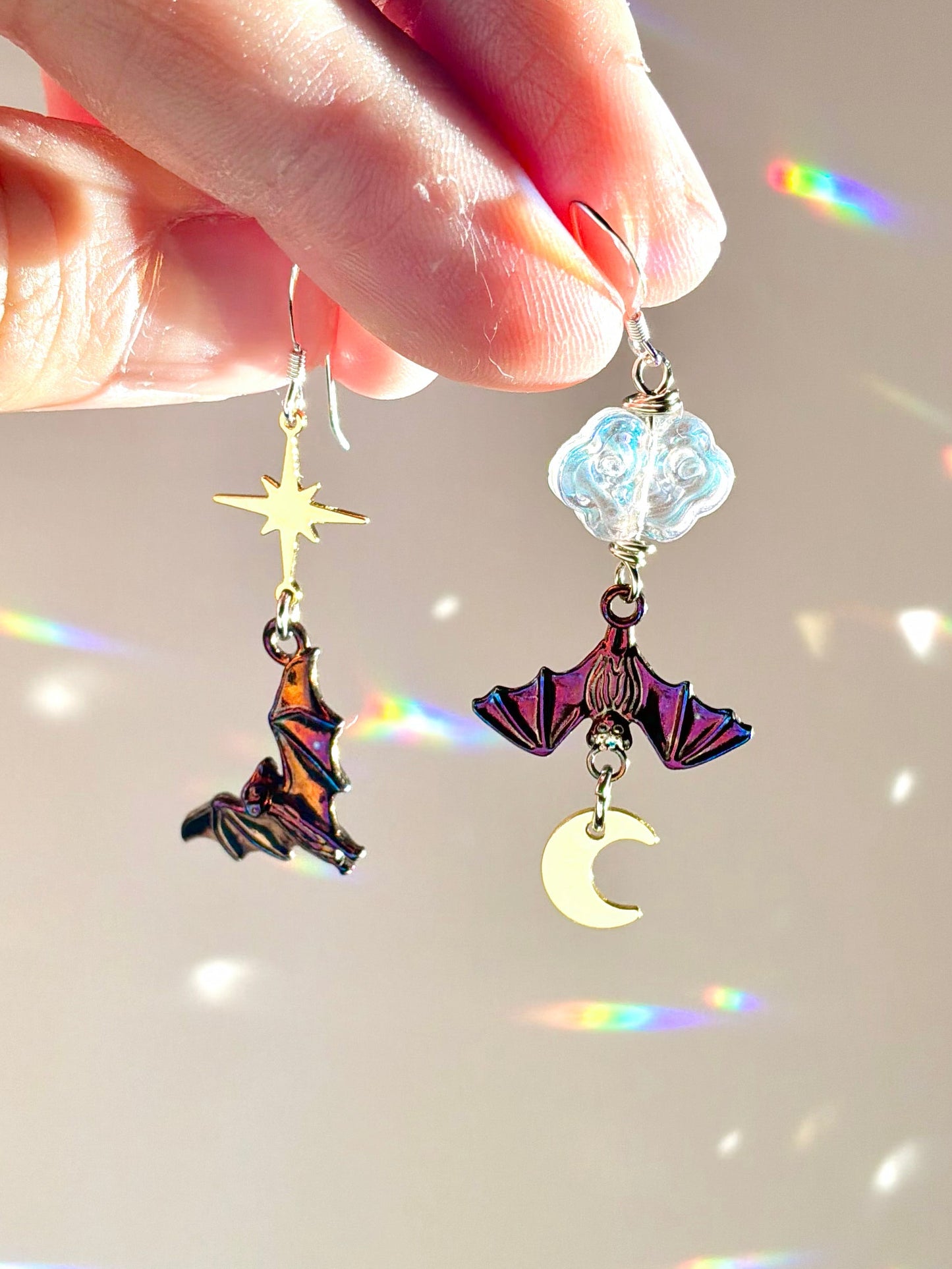 Fire-Painted Asymmetrical Bat Earrings, 18k Gold-Plated Moon and Star with Iridescenf Glass Cloud, spooky Halloween jewelry