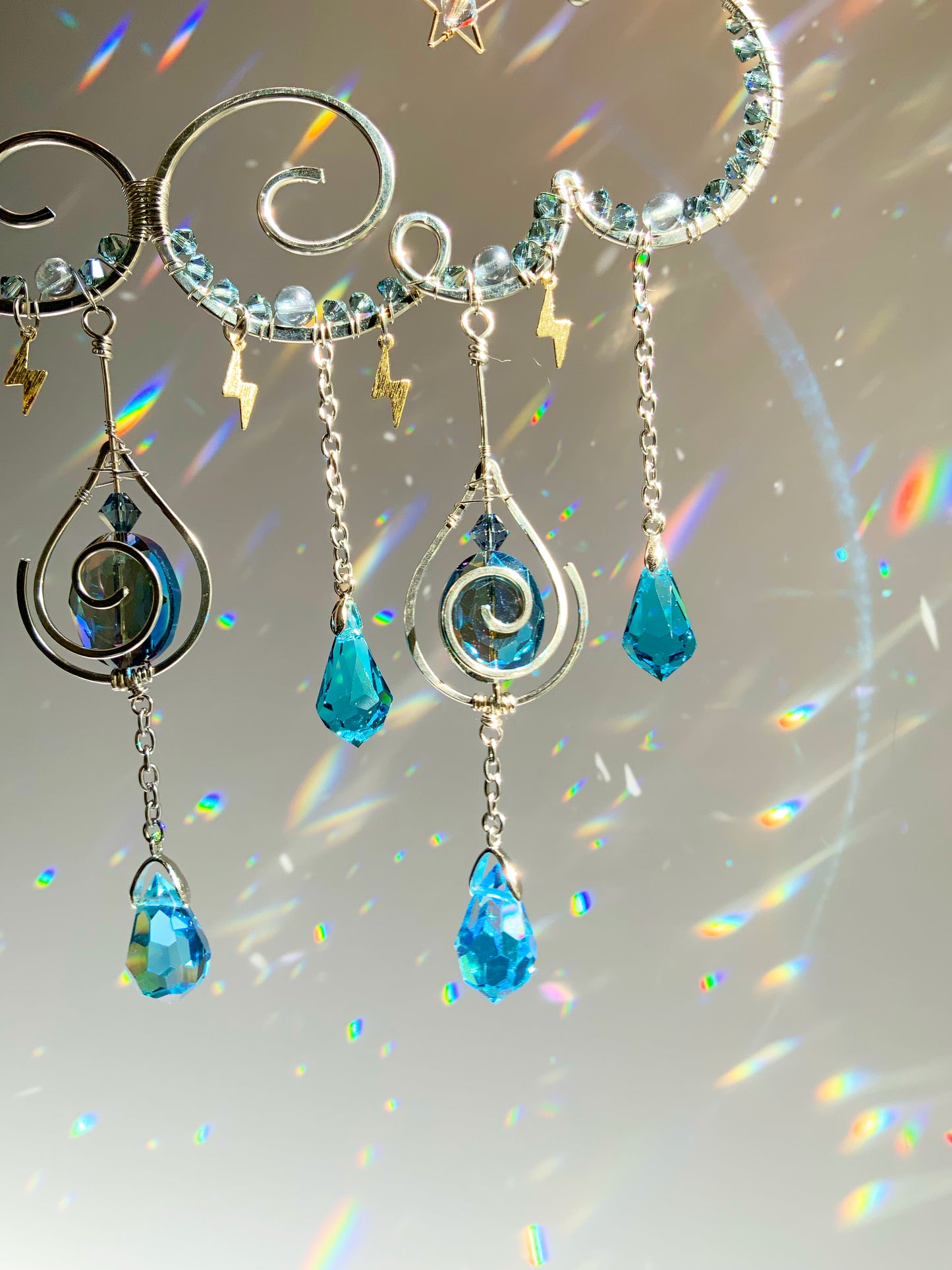 Silver Rain Cloud Suncatcher with Moon, Stars, Lightning, and Crystal Raindrops