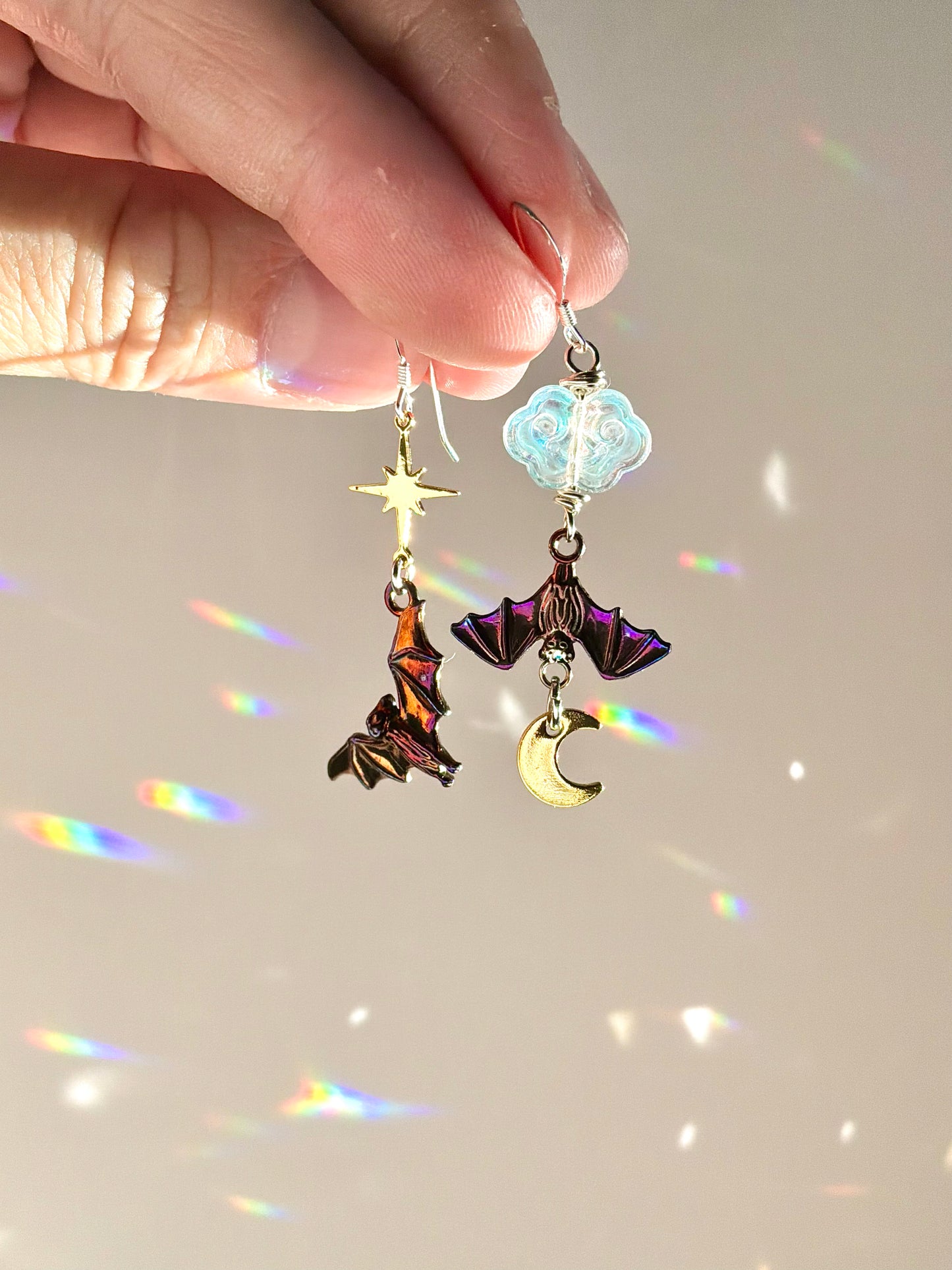Fire-Painted Asymmetrical Bat Earrings, 18k Gold-Plated Moon and Star with Iridescenf Glass Cloud, spooky Halloween jewelry