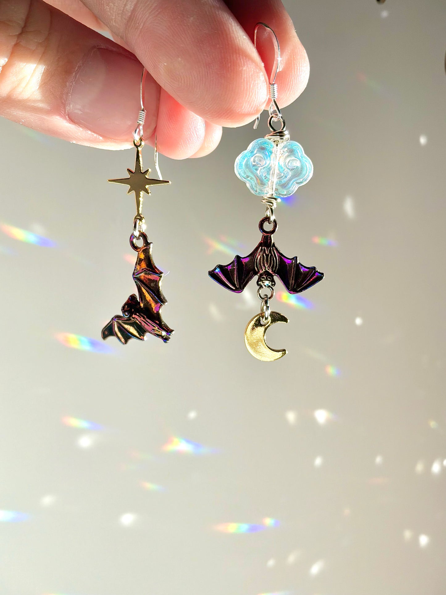Fire-Painted Asymmetrical Bat Earrings, 18k Gold-Plated Moon and Star with Iridescenf Glass Cloud, spooky Halloween jewelry