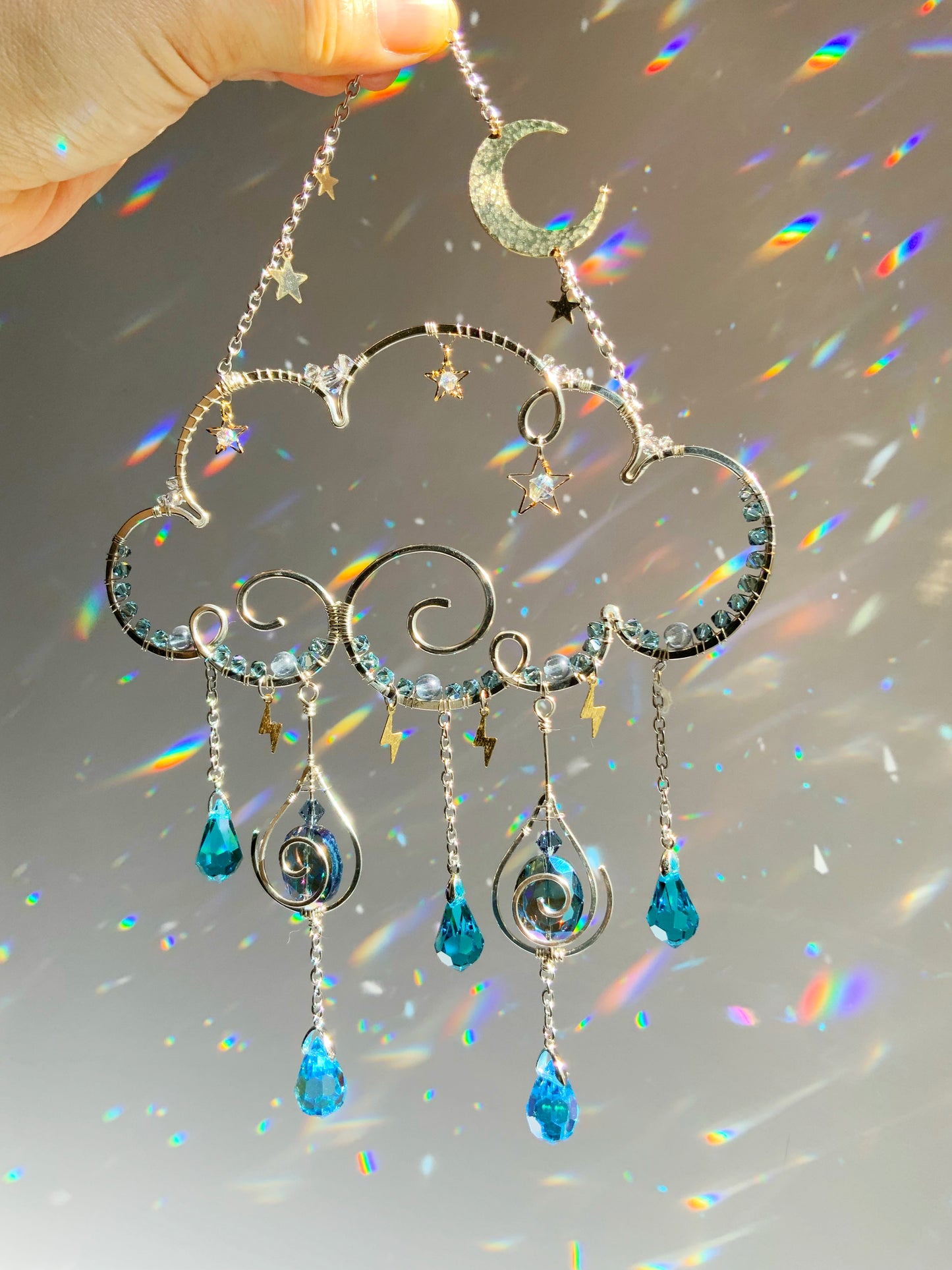 Silver Rain Cloud Suncatcher with Moon, Stars, Lightning, and Crystal Raindrops