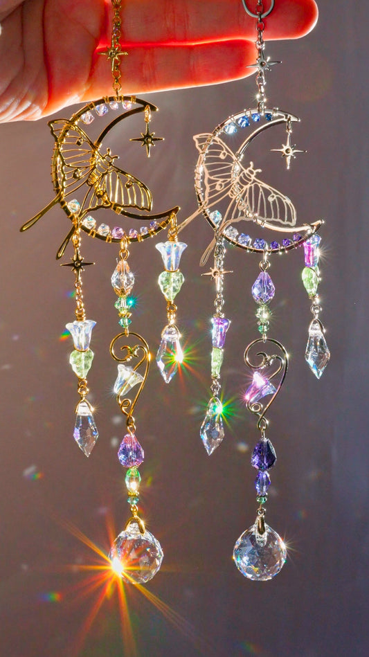 Moonflower Luna Moth Car Charm, 18k Gold-Plated Witchy Crystal Celestial Moon Prism Suncatcher, rearview mirror hanger