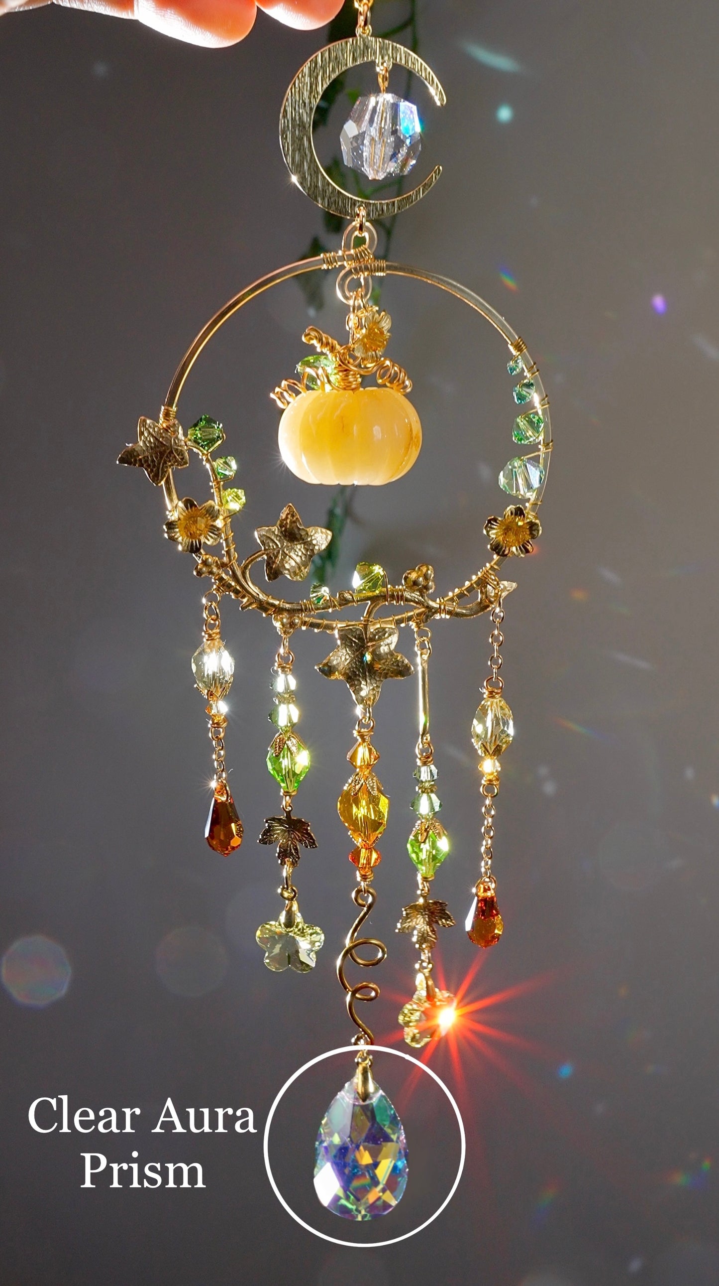 Yellow Quartz "Harvest pumpkin" Mini Suncatcher, Gemstone and Gold-plated Brass Crystal celestial witchy Halloween Decor